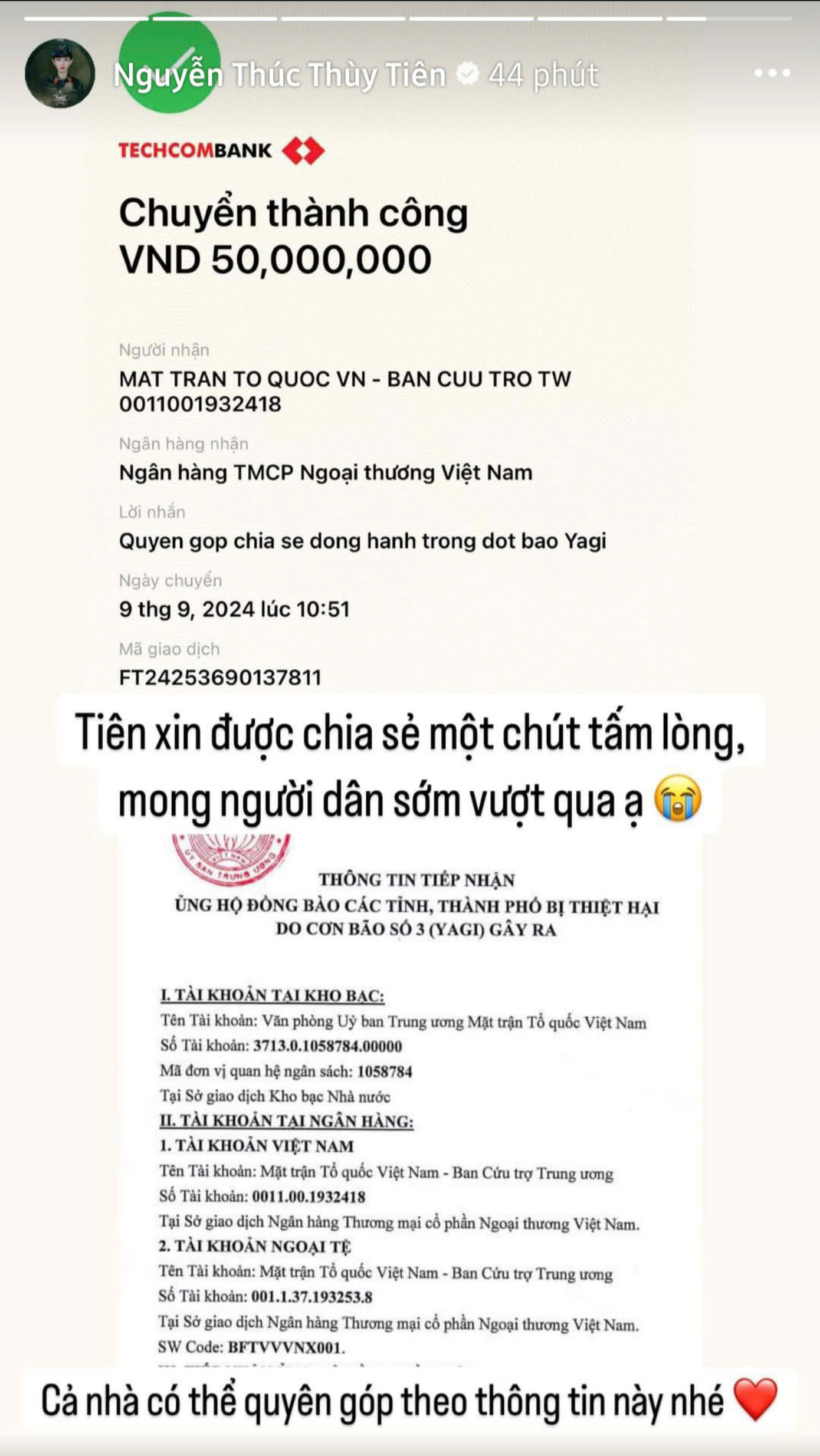 Hoa hậu Thùy Tiên gửi ủng hộ 50 triệu đồng cho người dân vùng lũ, đồng thời hướng dẫn cách quyên góp cho khán giả. Hoa hậu Thùy Tiên gửi ủng hộ 50 triệu đồng cho người dân vùng lũ, đồng thời hướng dẫn cách quyên góp cho khán giả.