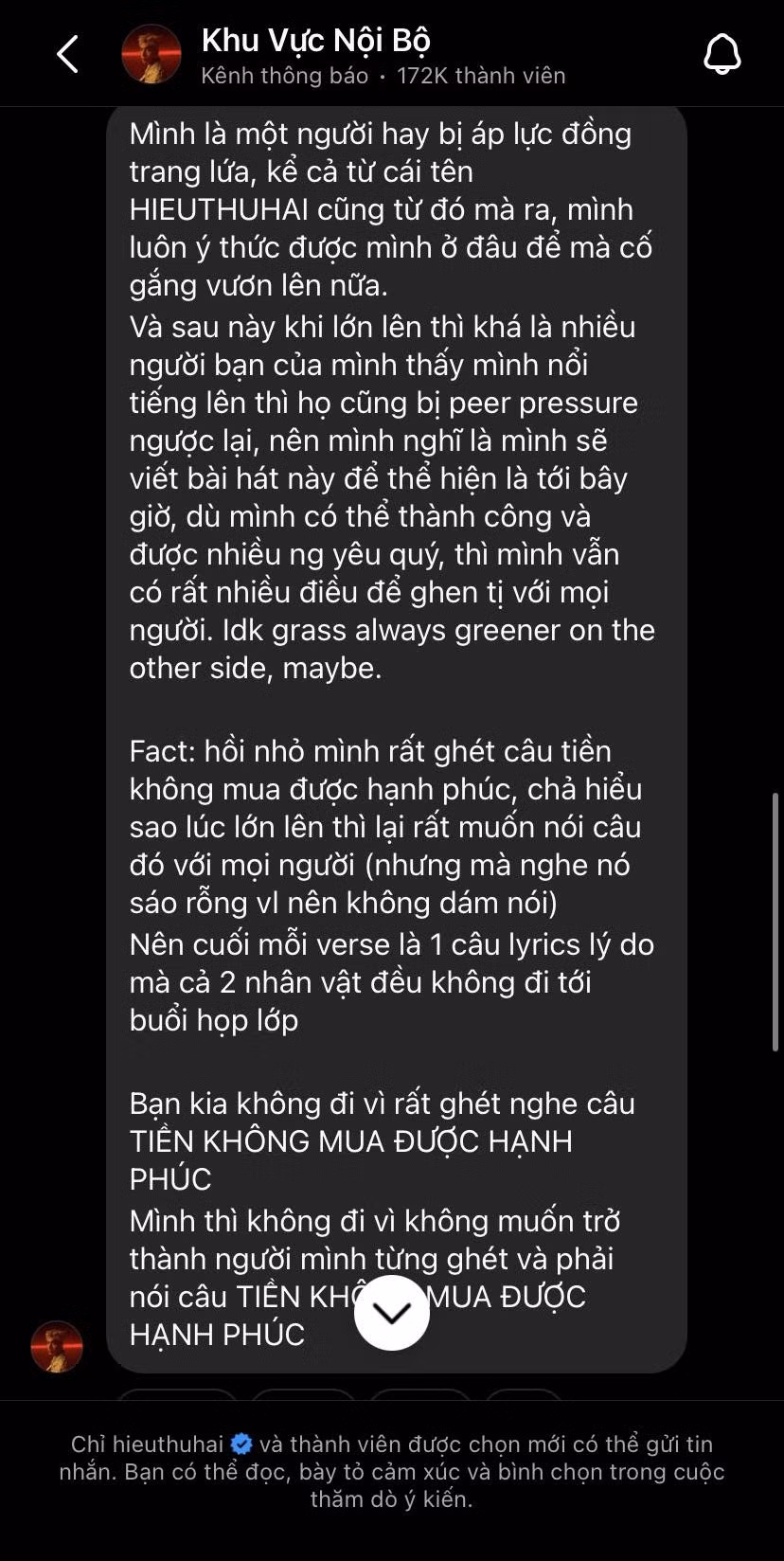 Những chia sẻ của HIEUTHUHAI khiến netizen đồng cảm.