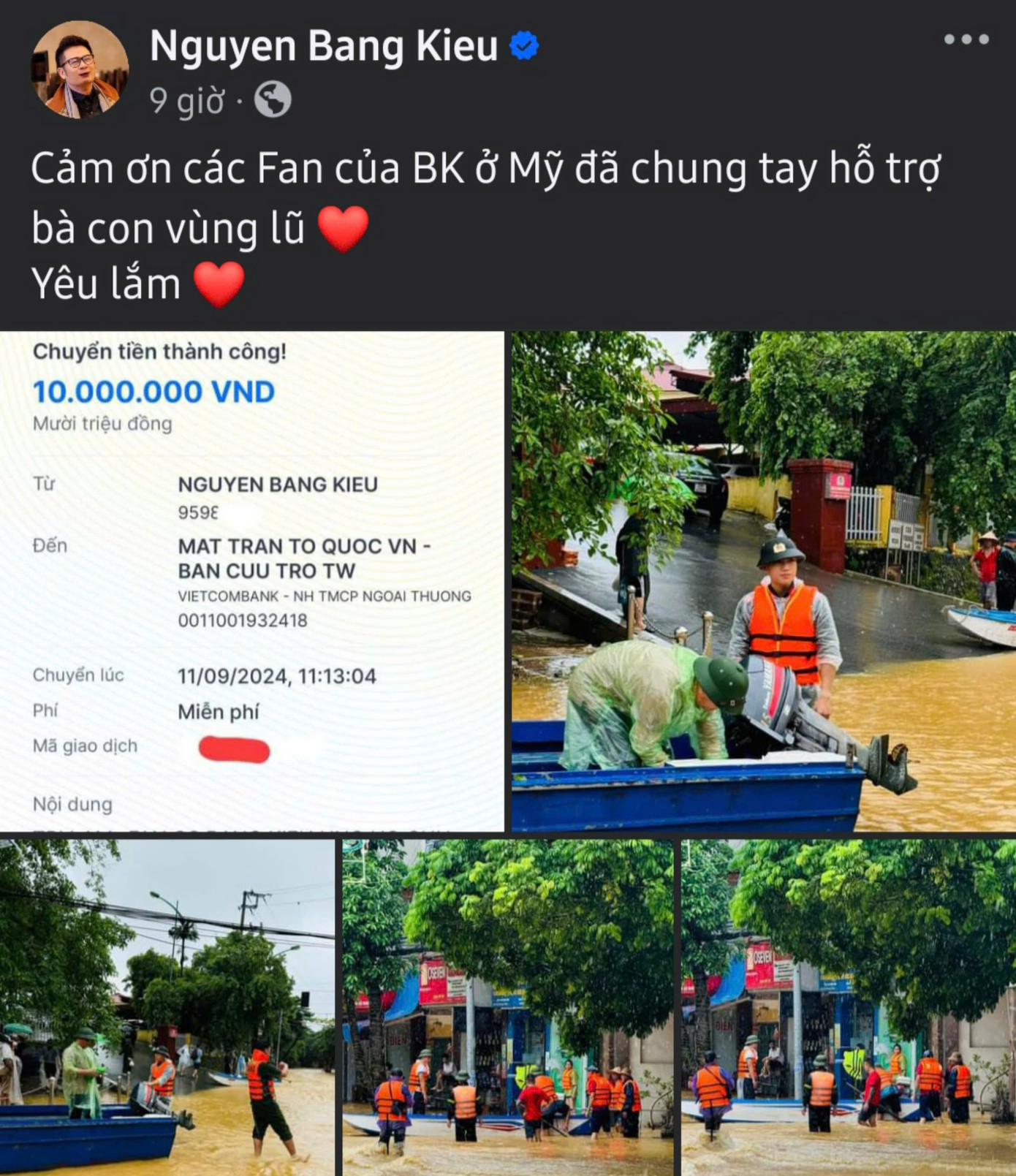 Ca sĩ Bằng Kiều chung tay quyên góp và trực tiếp tham gia cứu trợ bà con.