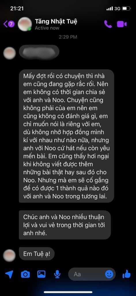 Nhạc sĩ Tăng Nhật Tuệ bày tỏ mong muốn được hợp tác lâu dài cùng Noo Phước Thịnh. Nhạc sĩ Tăng Nhật Tuệ bày tỏ mong muốn được hợp tác lâu dài cùng Noo Phước Thịnh.