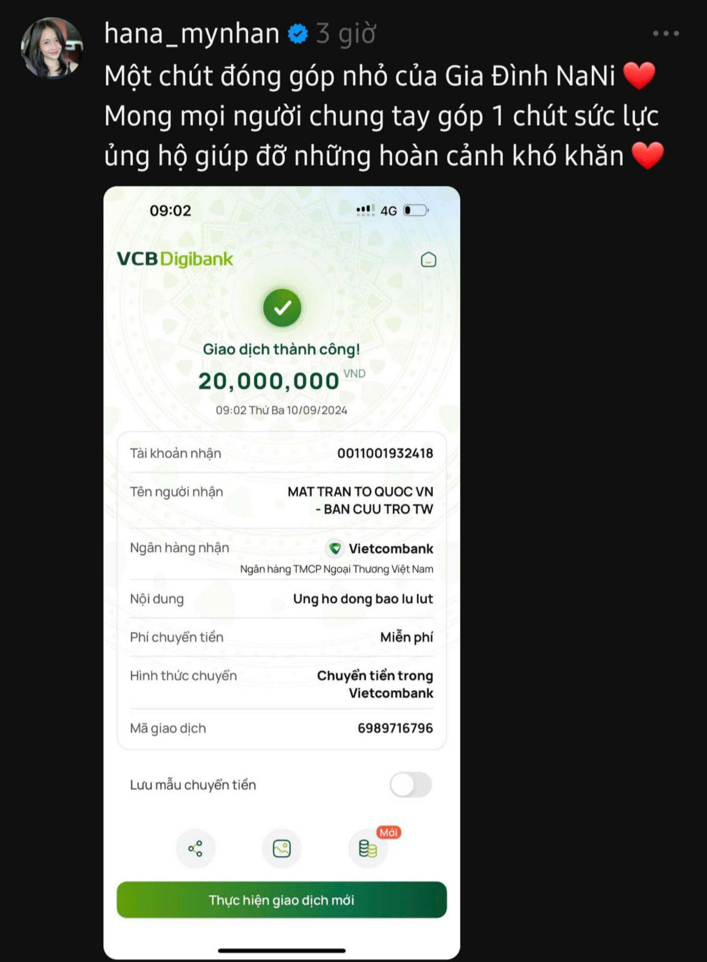 Người mẫu Trương Mỹ Nhân gửi 20 triệu đồng san sẻ cùng bà con vùng bão lũ.