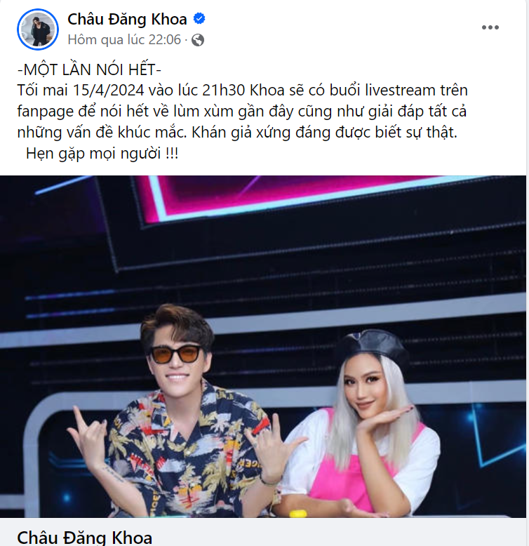 Châu Đăng Khoa chủ động thông báo trước một ngày về buổi livestream. Châu Đăng Khoa chủ động thông báo trước một ngày về buổi livestream.