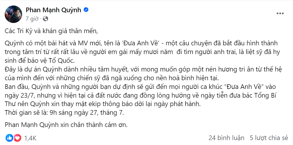 Phan Mạnh Quỳnh sắp ra mắt MV với chủ đề về ngày Thương binh Liệt sĩ.