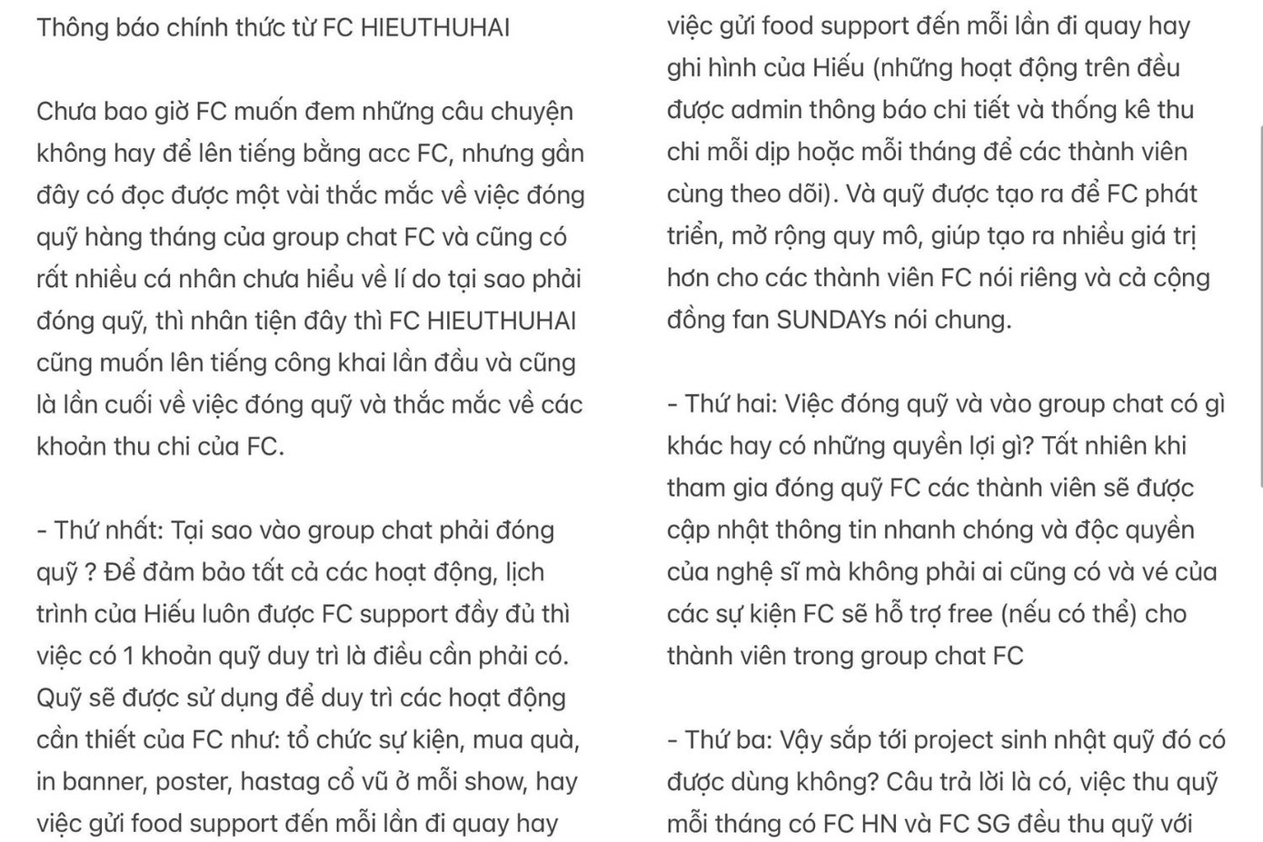 Đại diện FC HIEUTHUHAI đưa ra lời giải thích trước những thắc mắc về vấn đề thu chi trong group chat FC. Ảnh: fchieuthuhai_ig Đại diện FC HIEUTHUHAI đưa ra lời giải thích trước những thắc mắc về vấn đề thu chi trong group chat FC. Ảnh: fchieuthuhai_ig