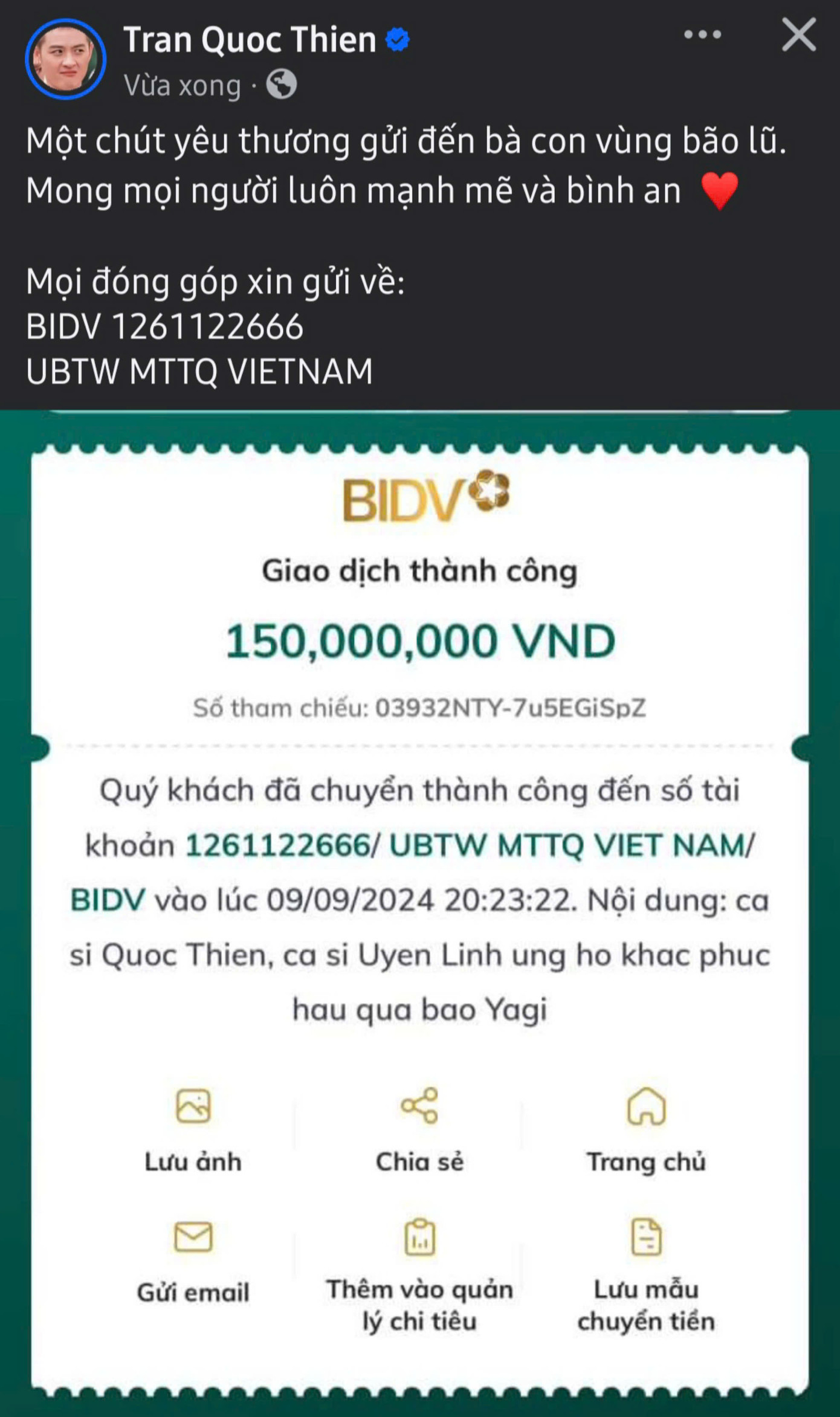 Ca sĩ Quốc Thiên và Uyên Linh chung tay quyên góp và kêu gọi khán giả cùng san sẻ nỗi khó khăn với người dân miền Bắc. Ca sĩ Quốc Thiên và Uyên Linh chung tay quyên góp và kêu gọi khán giả cùng san sẻ nỗi khó khăn với người dân miền Bắc.