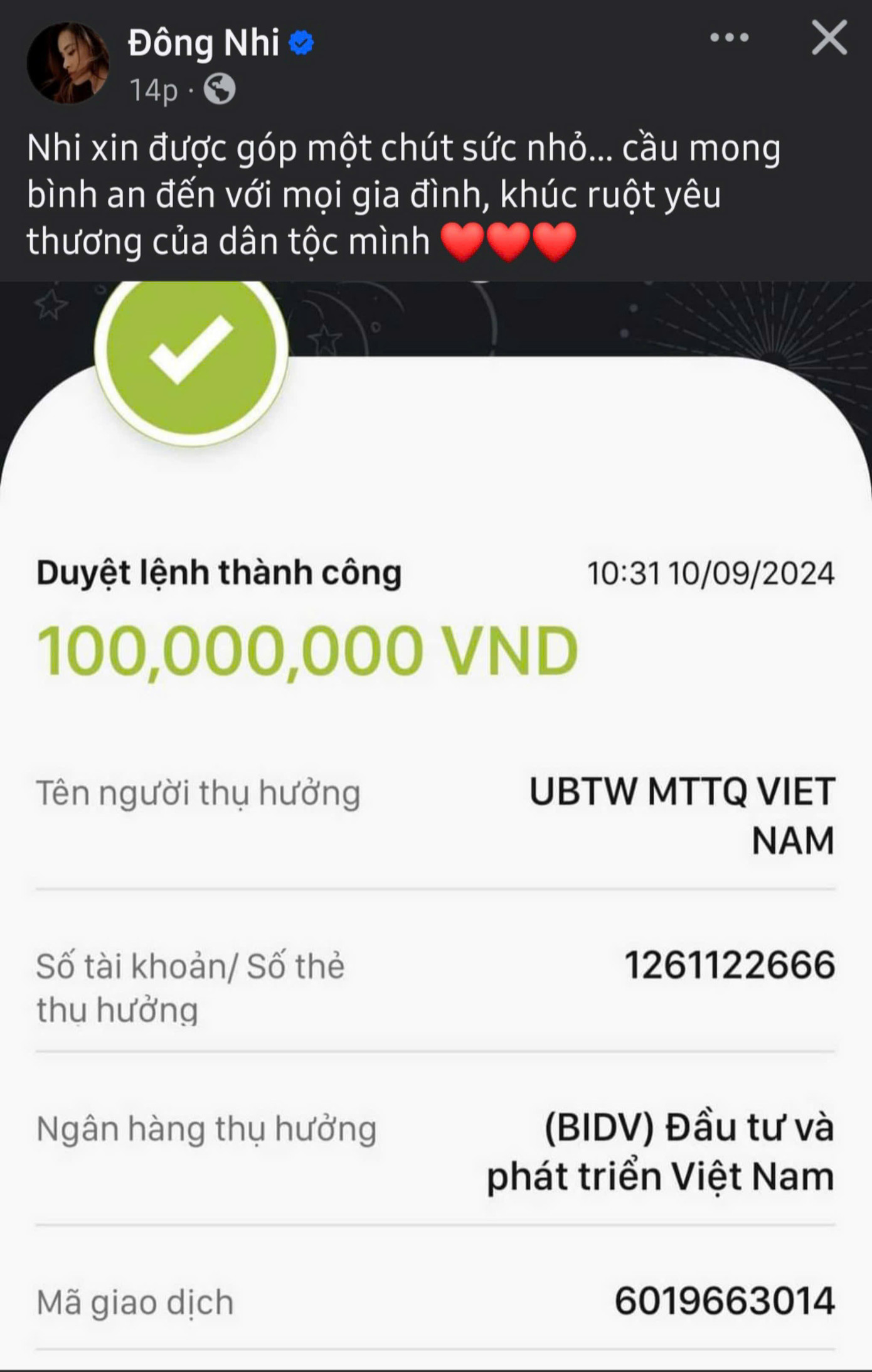 Ca sĩ Đông Nhi hỗ trợ 100 triệu đồng, cùng chung tay giúp đỡ những địa phương gặp bão lũ.