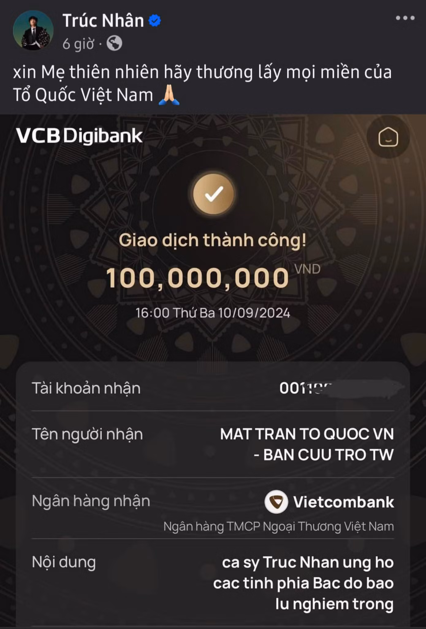 Ca sĩ Trúc Nhân ủng hộ 100 triệu đồng cho các tỉnh phía Bắc bị ảnh hưởng bởi bão lũ.