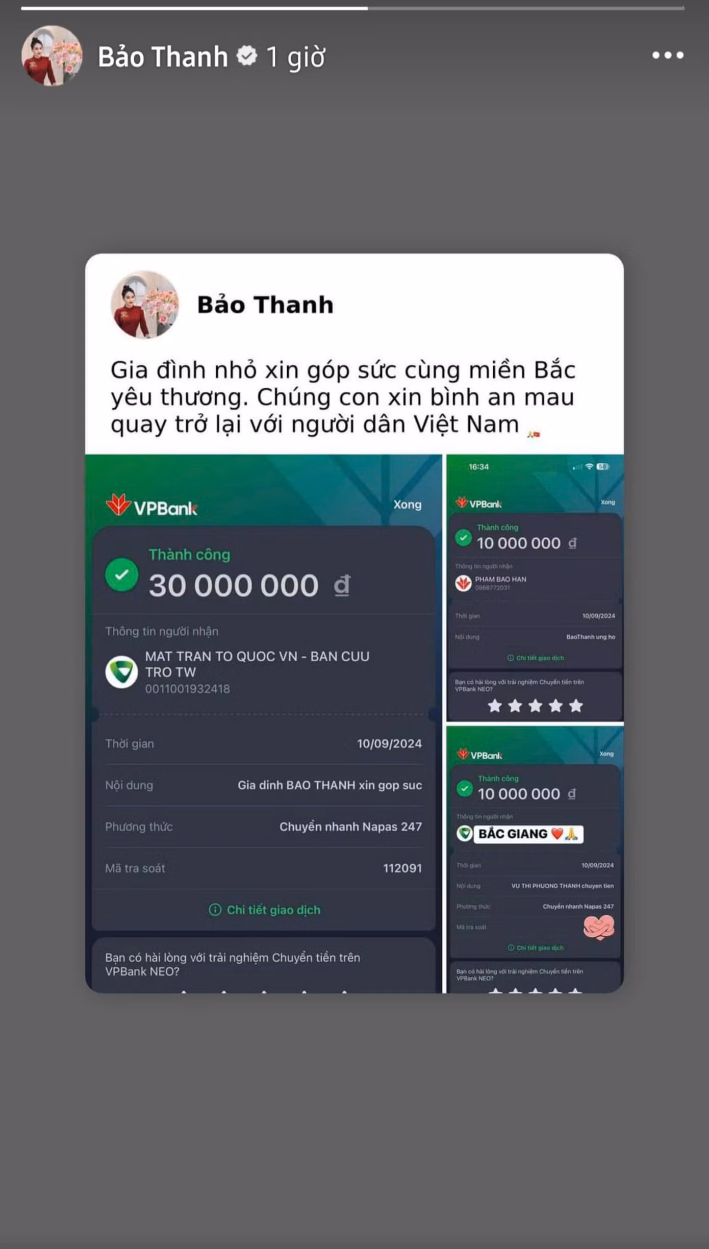 Diễn viên Bảo Thanh góp sức cùng bà con tại quê nhà trong mùa bão lũ.