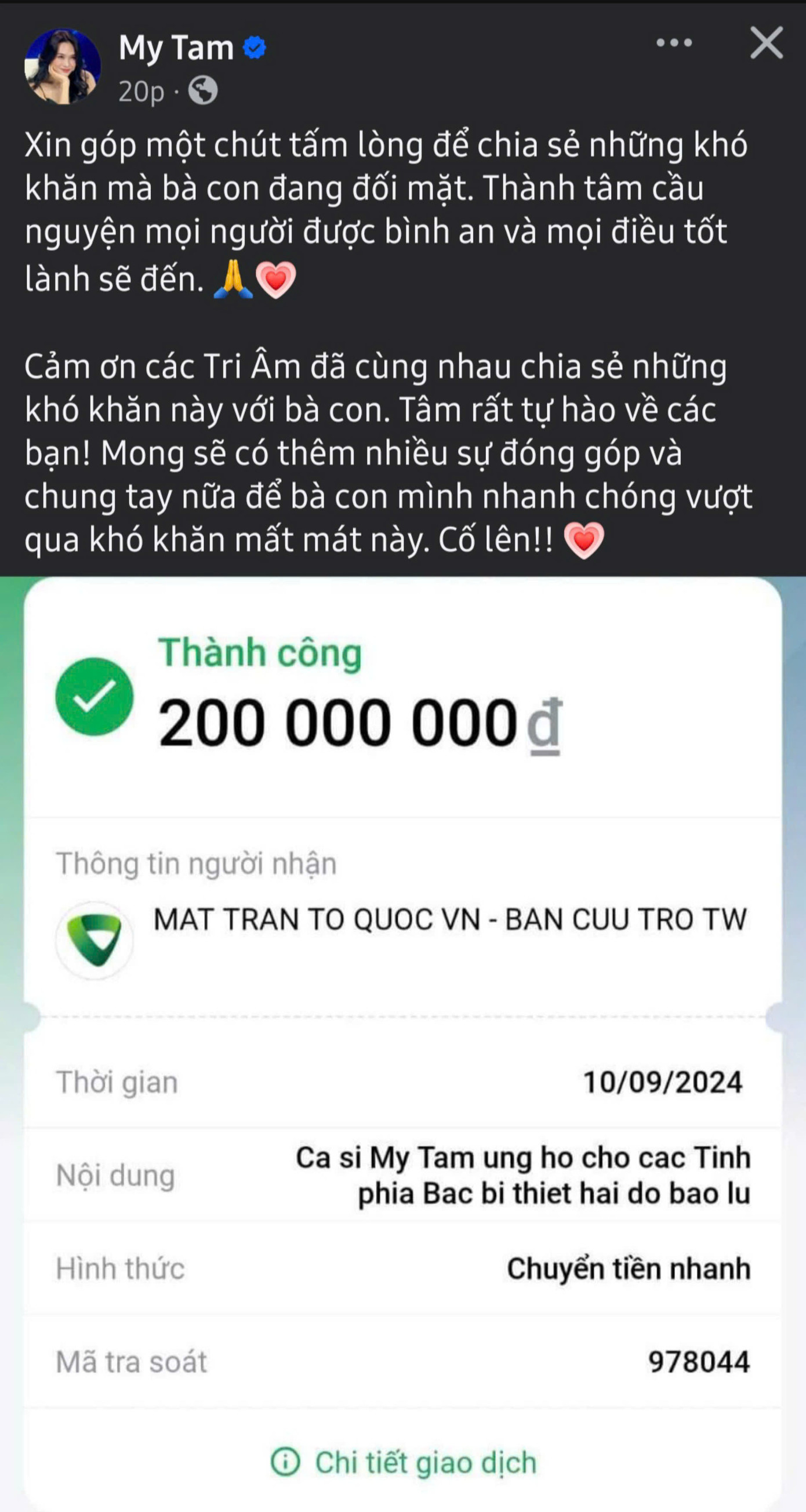 Ca sĩ Mỹ Tâm chia sẻ khó khăn cùng bà con tại vùng bão lũ.