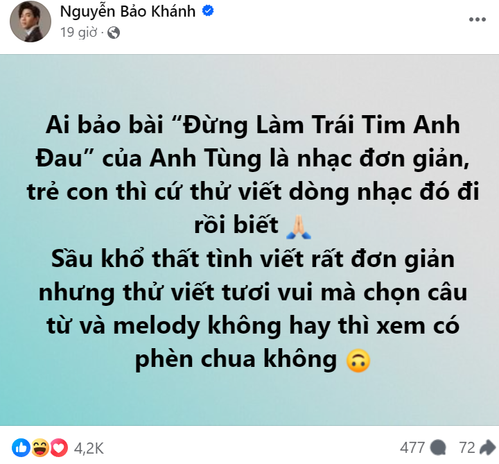 Bài đăng của Khánh khiến khán giả thích thú.