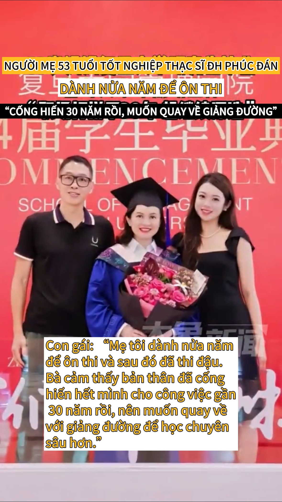 Gia đình cùng đến chúc mừng ngày cô nhận bằng Thạc sĩ, con gái rất tự hào về cô.