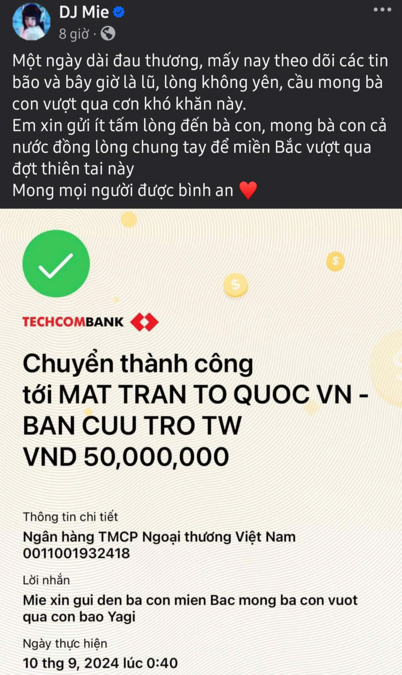 DJ Mie chia sẻ: &quot;Mấy nay theo dõi các tin bão và bây giờ là lũ, lòng không yên, cầu mong bà con qua cơn khó khăn&quot;.