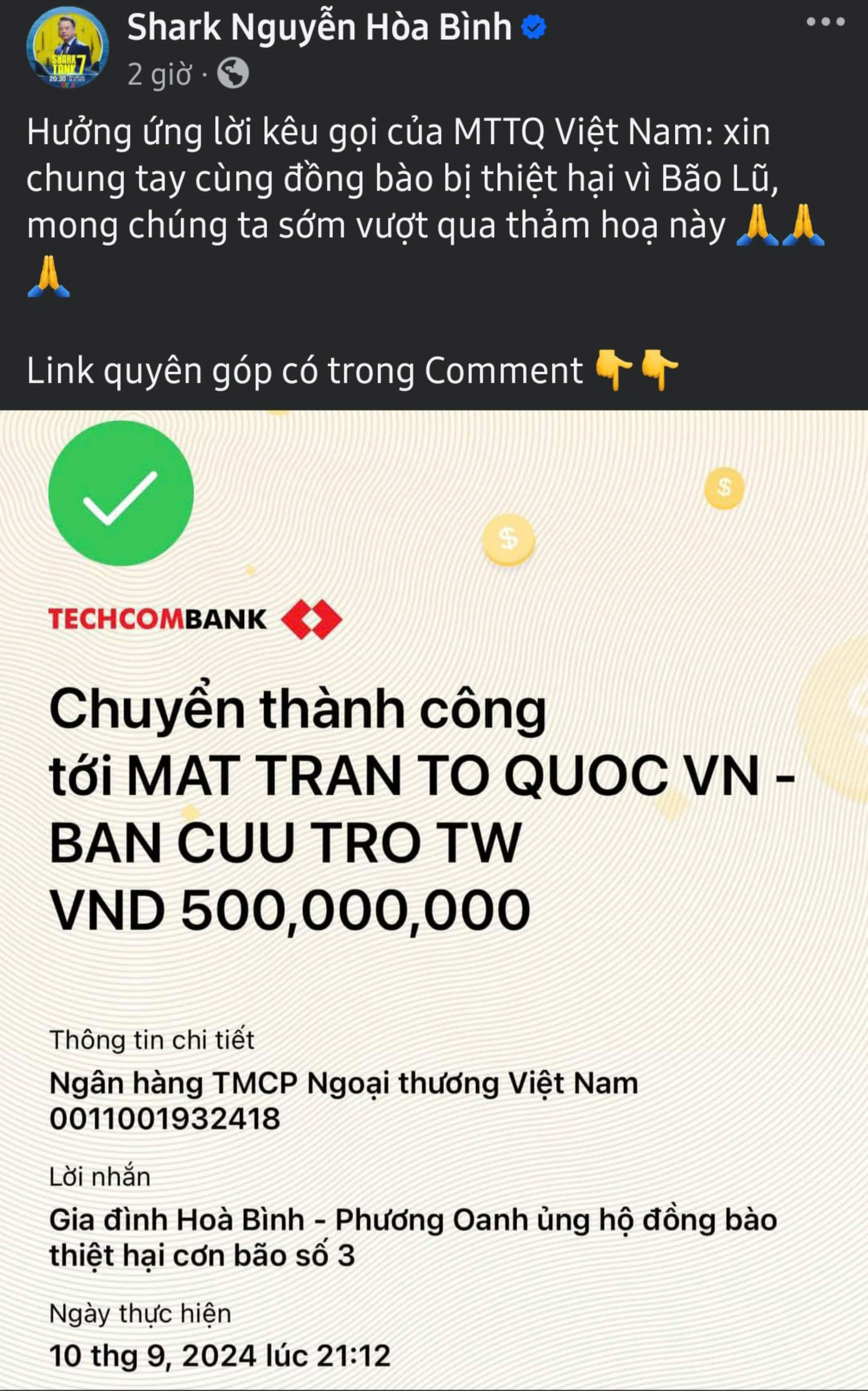 Gia đình diễn viên Phương Oanh - Shark Bình ủng hộ đồng bào miền Bắc 500 triệu đồng. Gia đình diễn viên Phương Oanh - Shark Bình ủng hộ đồng bào miền Bắc 500 triệu đồng.