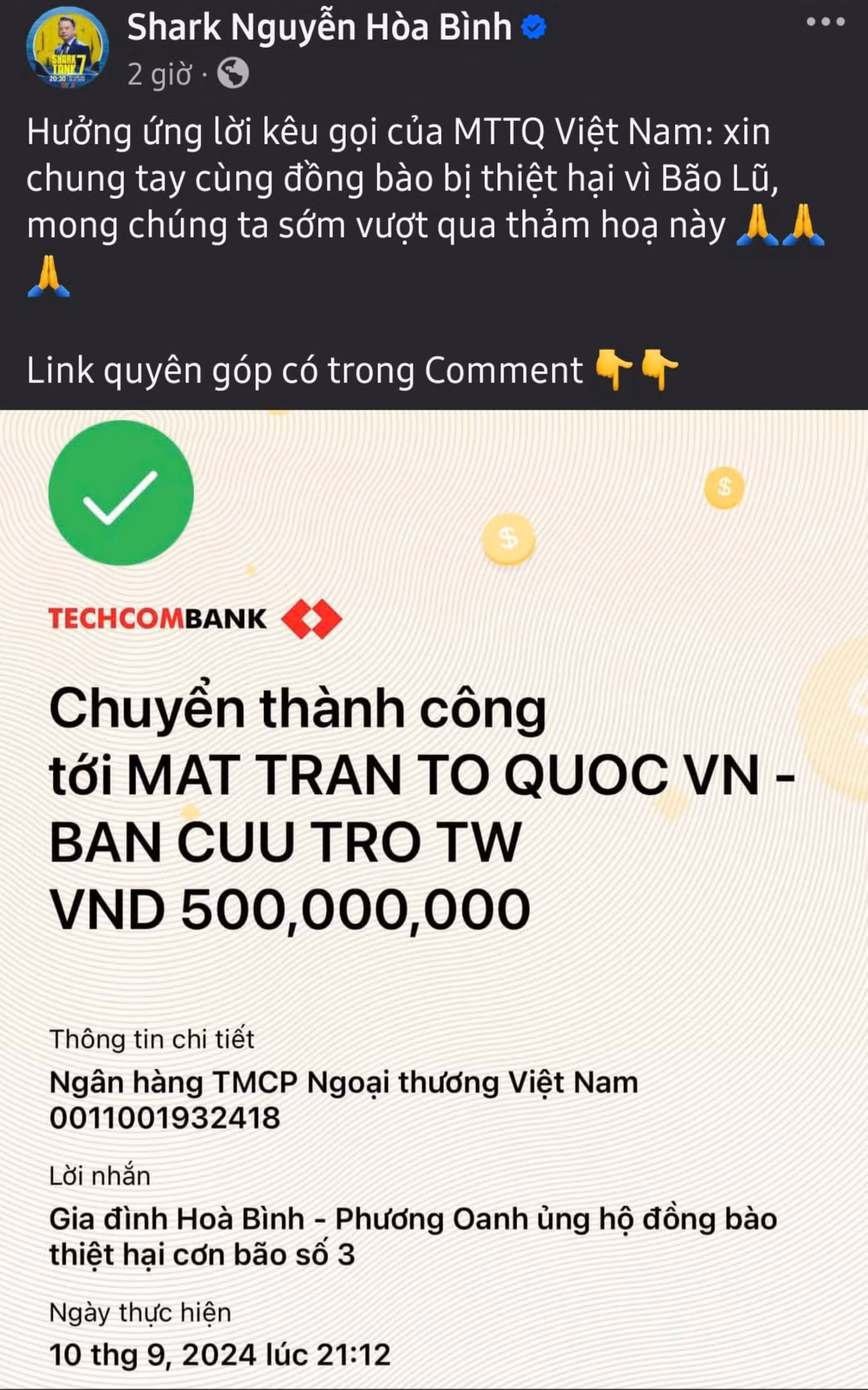 Gia đình diễn viên Phương Oanh - Shark Bình ủng hộ đồng bào miền Bắc 500 triệu đồng.