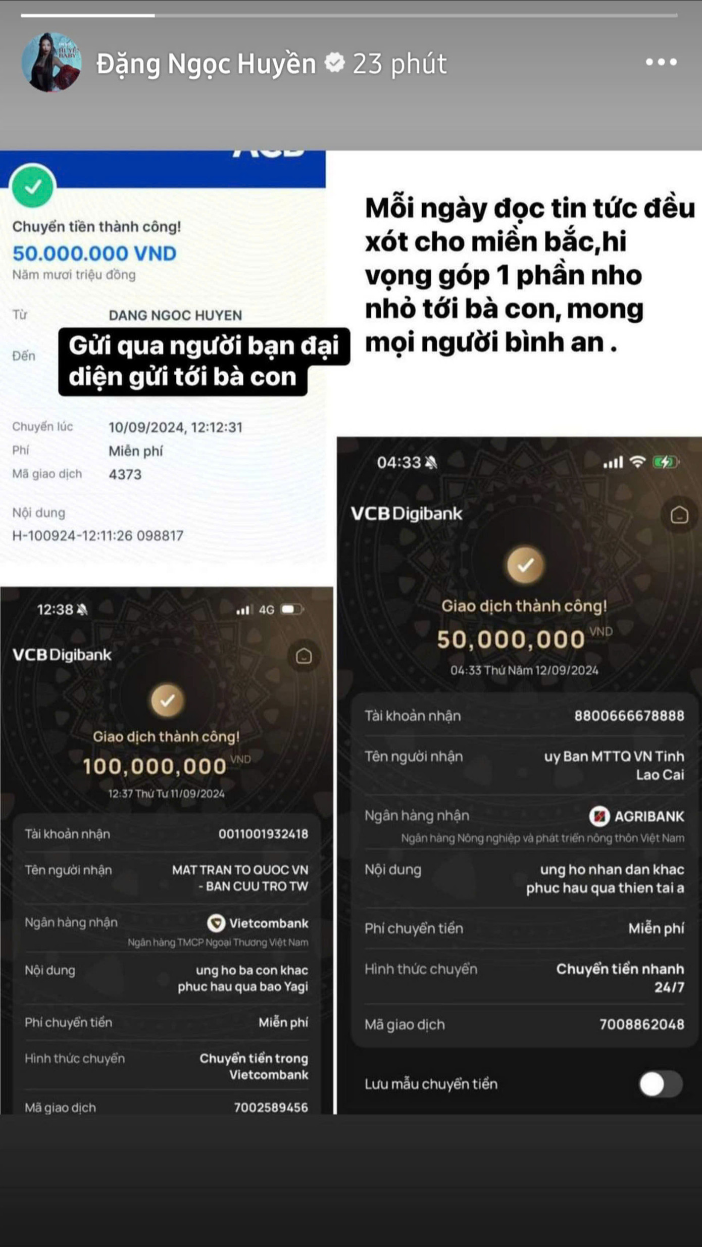 Huyền Baby chia sẻ: &quot;Mỗi ngày đọc tin tức đều xót cho miền Bắc, hy vọng góp một phần nhỏ tới bà con, mong mọi người bình an&quot;.