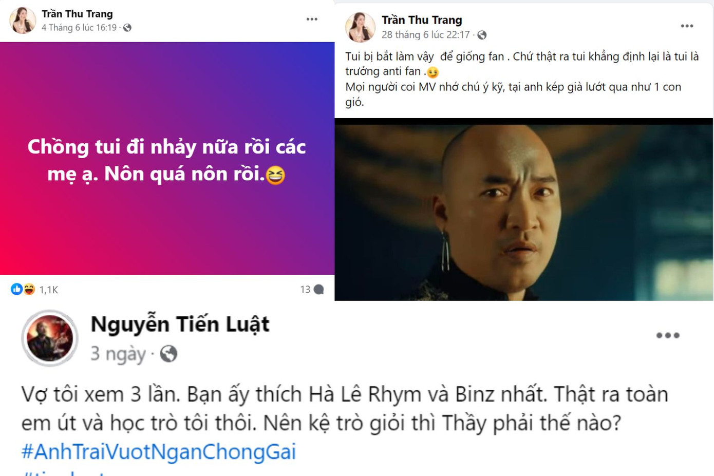 Thu Trang có ủng hộ chồng nhưng không đáng kể, vẫn khẳng là trưởng nhóm anti của chồng.