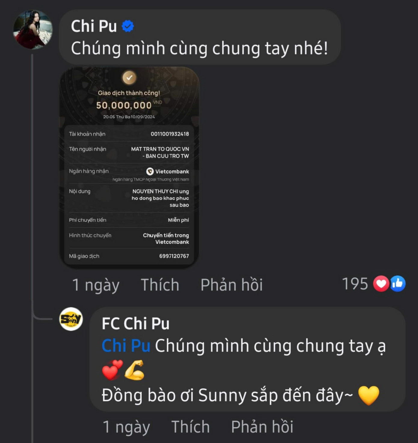 Chi Pu và FC kêu gọi quyên góp, ủng hộ cho đồng bào miền Bắc.