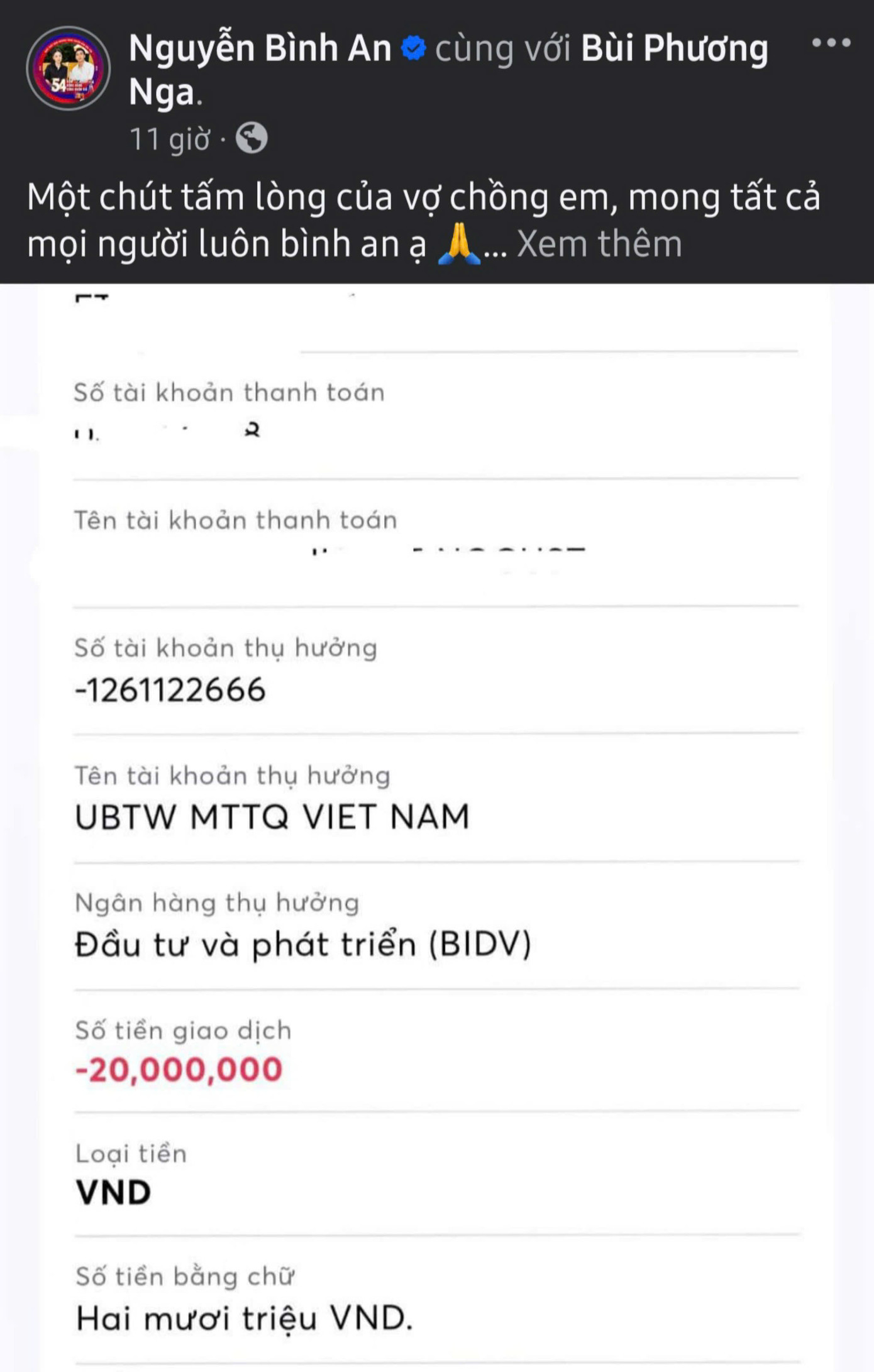 Vợ chồng diễn viên Bình An - Á hậu Phương Nga san sẻ cùng đồng bào.