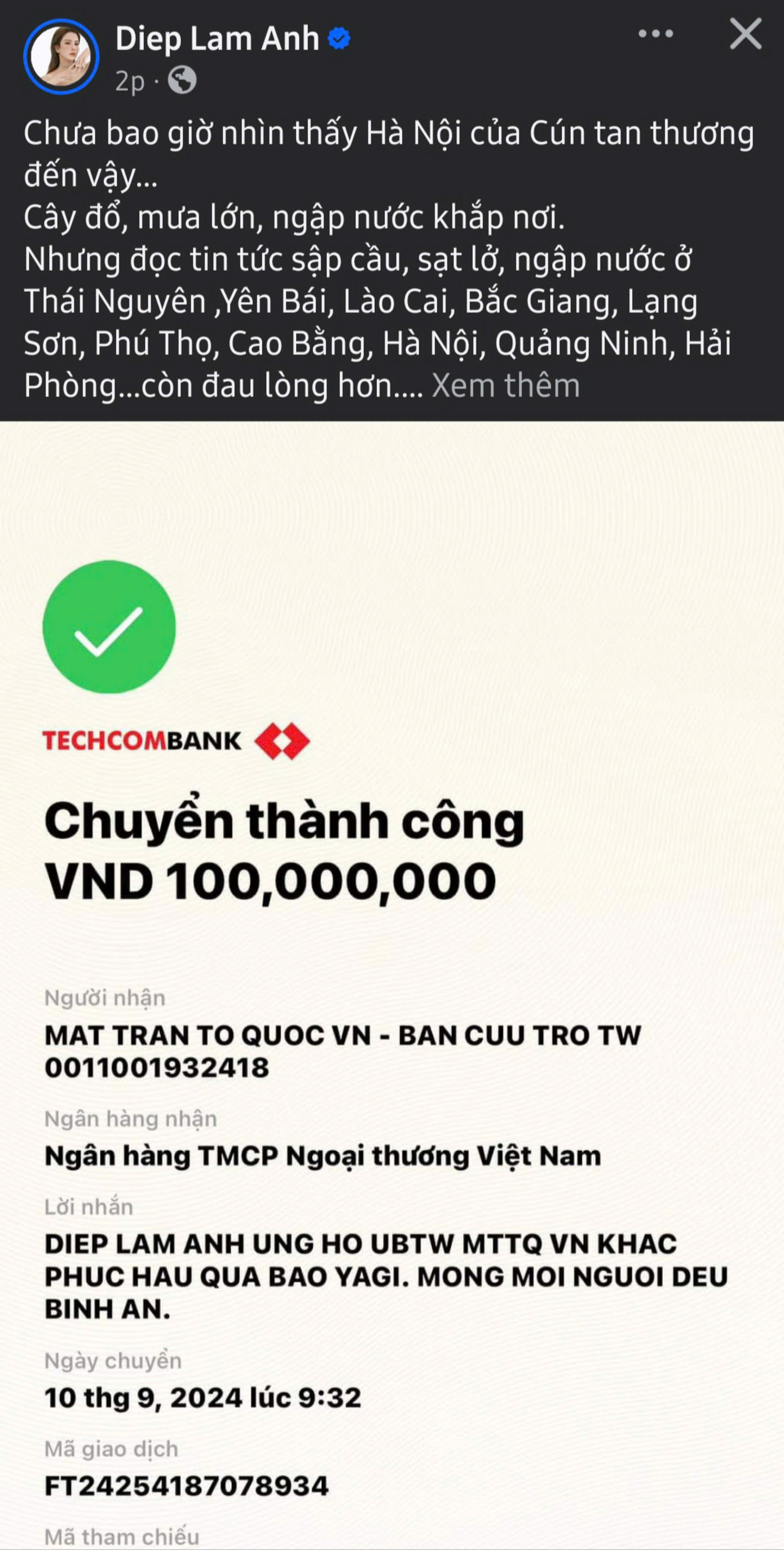 Diệp Lâm Anh chung tay cùng bà con khắc phục hậu quả bão Yagi.
