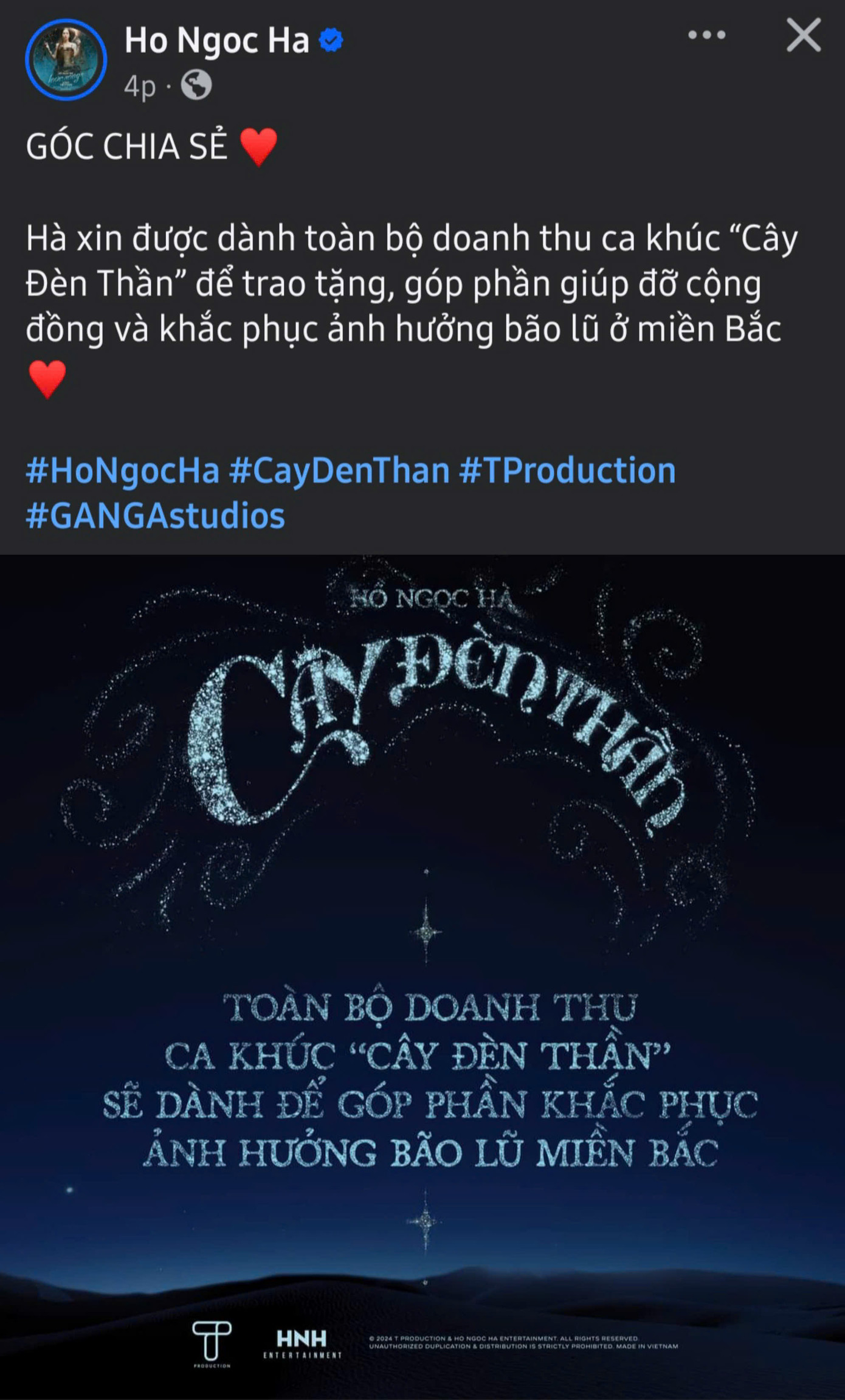 Ca sĩ Hồ Ngọc Hà dành toàn bộ doanh thu ca khúc Cây Đèn Thần sắp ra mắt để góp phần khắc phục ảnh hưởng bão lũ miền Bắc. Ca sĩ Hồ Ngọc Hà dành toàn bộ doanh thu ca khúc Cây Đèn Thần sắp ra mắt để góp phần khắc phục ảnh hưởng bão lũ miền Bắc.