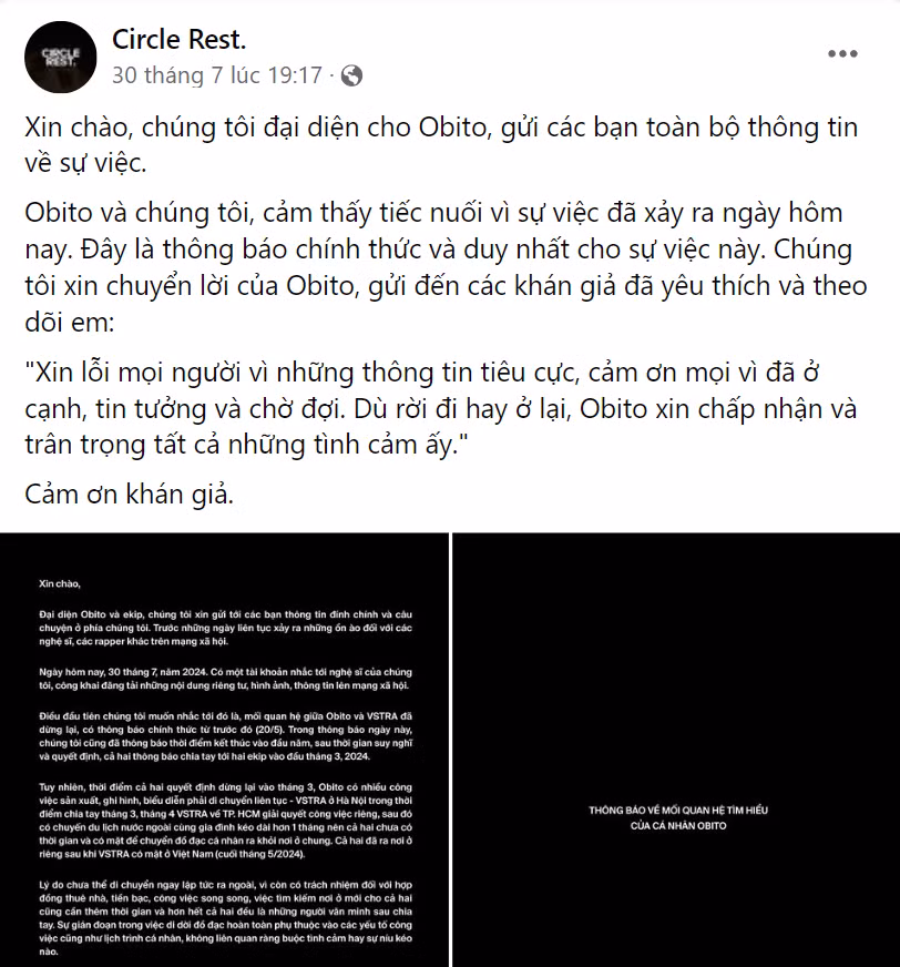 Phía công ty quản lý Obito kịp thời lên tiếng, nhanh chóng giải quyết vụ việc.