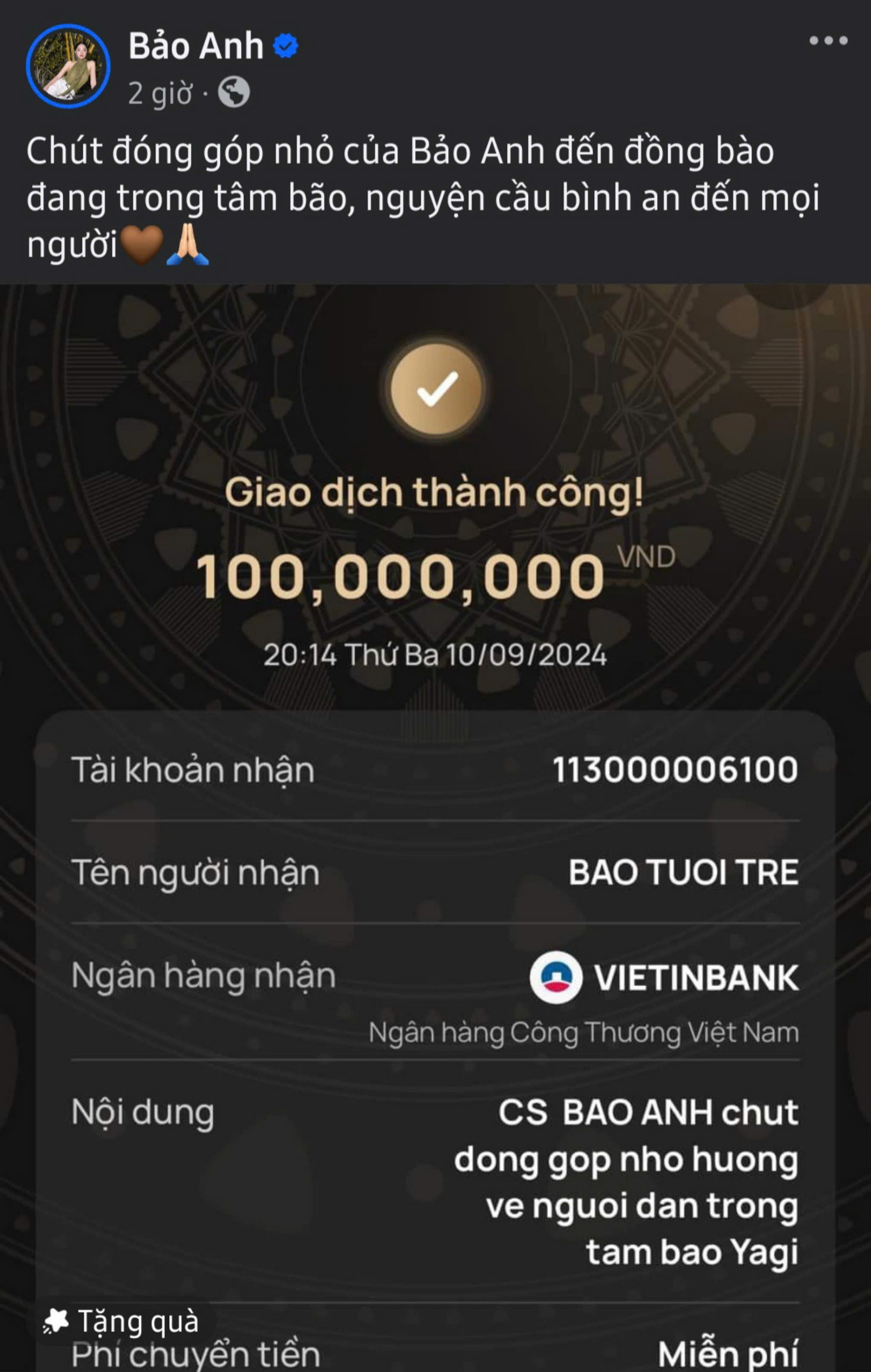 Ca sĩ Bảo Anh gửi đến người dân vùng tâm bão 100 triệu đồng. Ca sĩ Bảo Anh gửi đến người dân vùng tâm bão 100 triệu đồng.