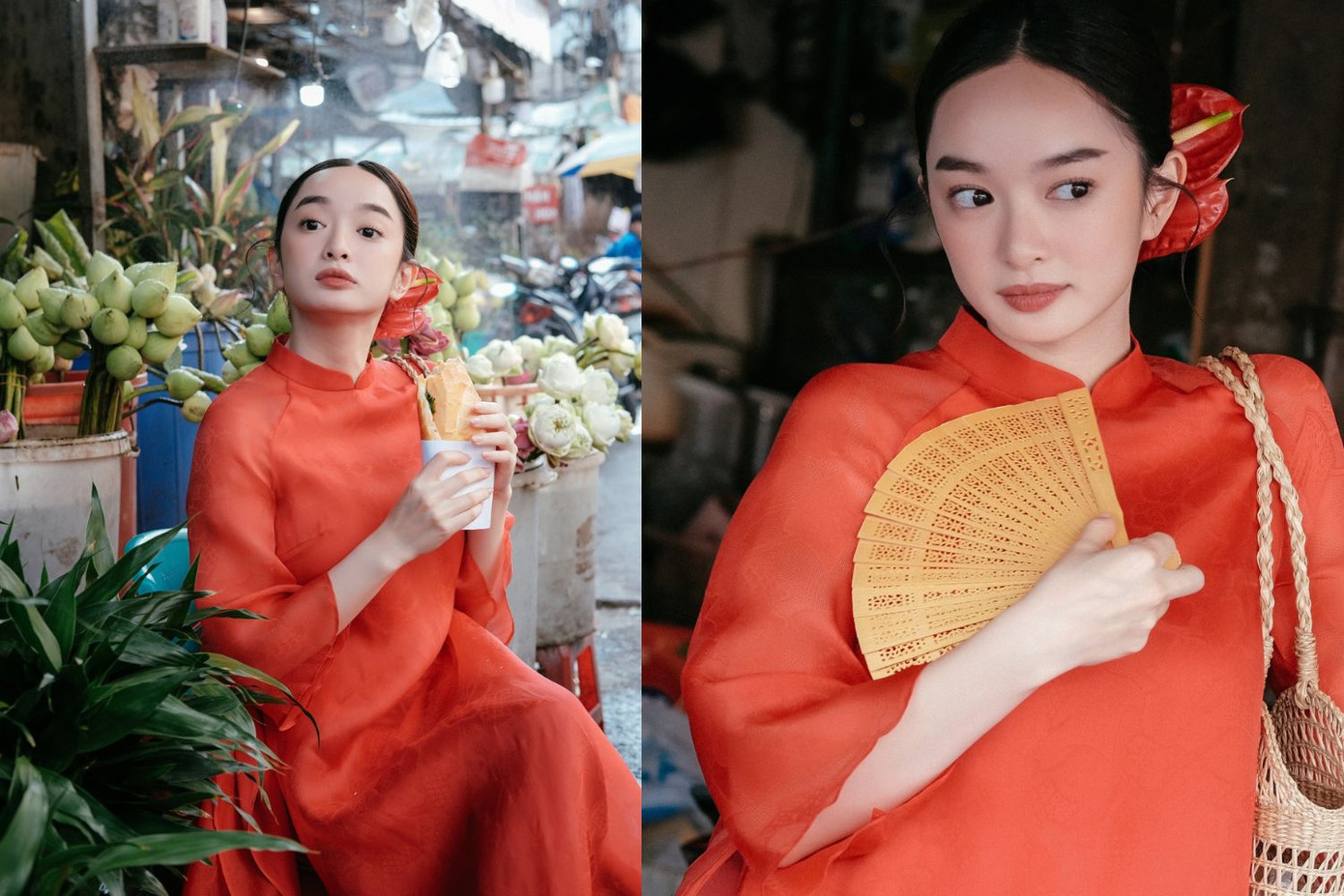 Kaity Nguyễn tung bộ ảnh trong bộ áo dài rực đỏ trong bối cảnh tại chợ truyền thống.