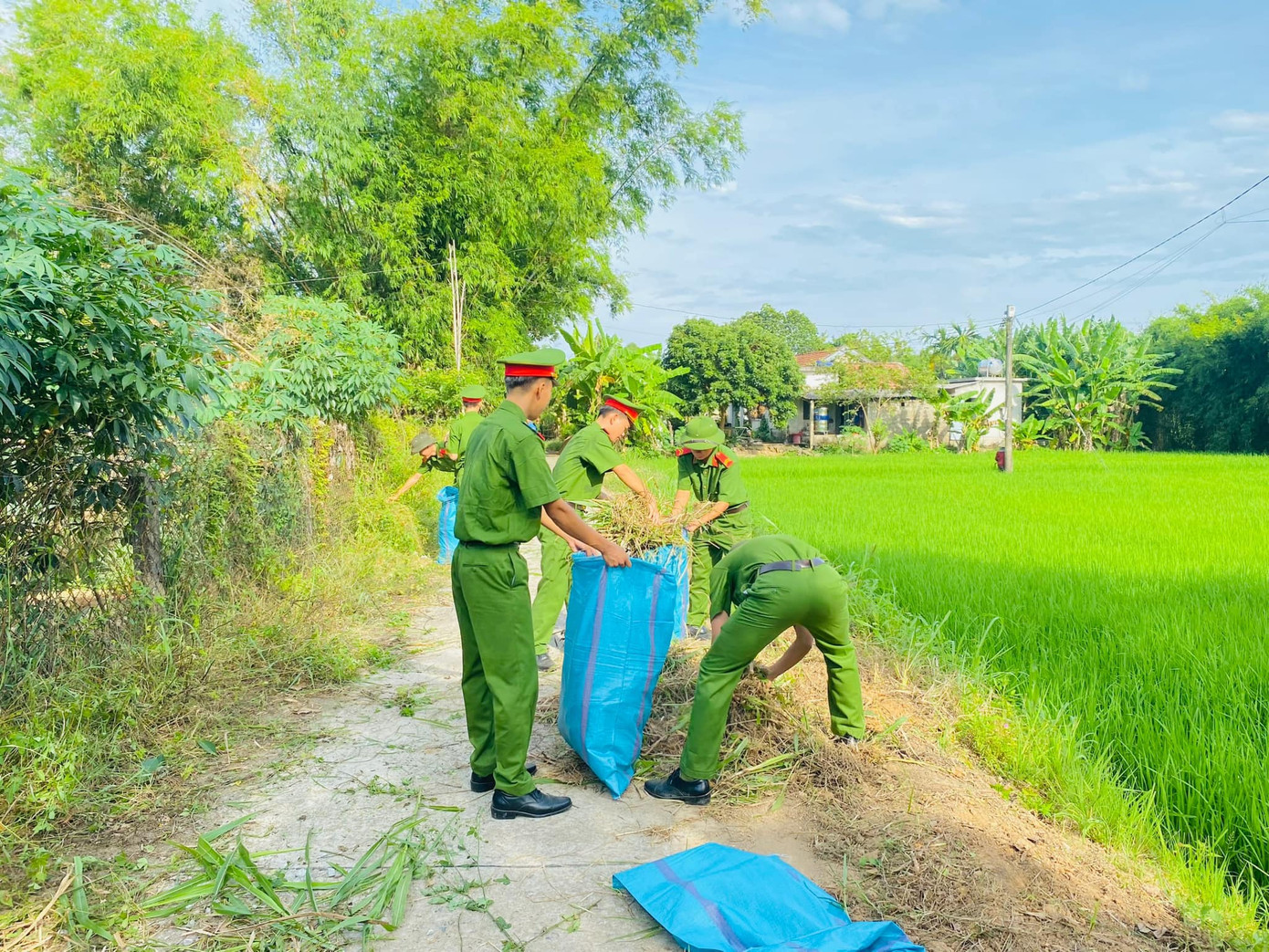 Các chiến sĩ công an thu gom cỏ, rác tại các tuyến đường hỗ trợ các tình nguyện viên. Ảnh: Fanpage Tỉnh đoàn Quảng Trị