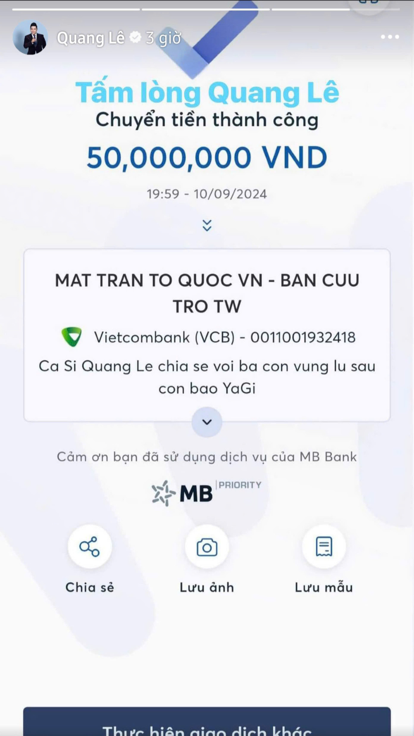 Ca sĩ Quang Lê chia sẻ với bà con vùng lũ sau cơn bão Yagi. Ca sĩ Quang Lê chia sẻ với bà con vùng lũ sau cơn bão Yagi.