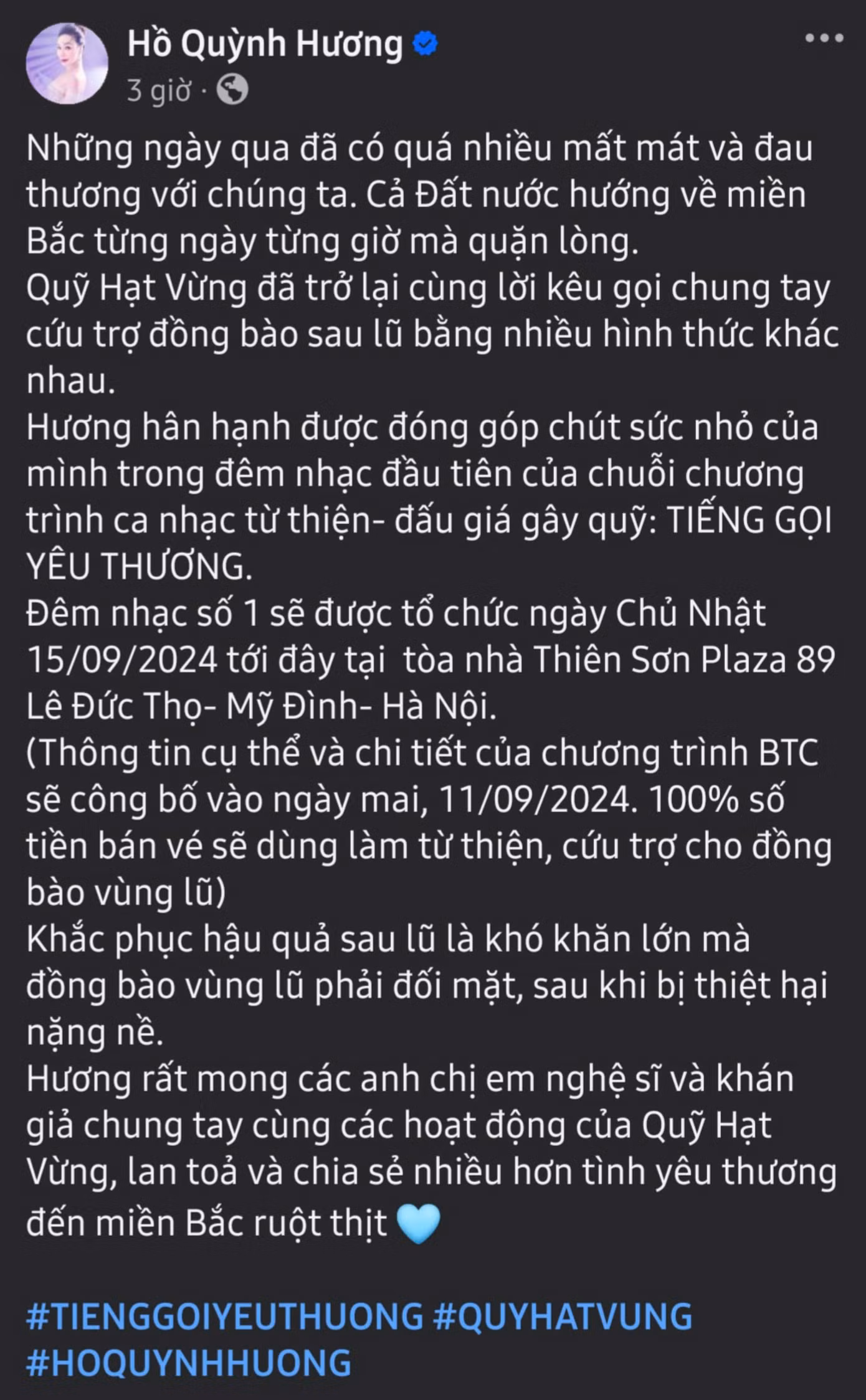 Ca sĩ Hồ Quỳnh Hương cho biết sẽ dùng 100% số tiền bán vé trong show nhạc sắp tới cứu trợ cho đồng bào vùng lũ.