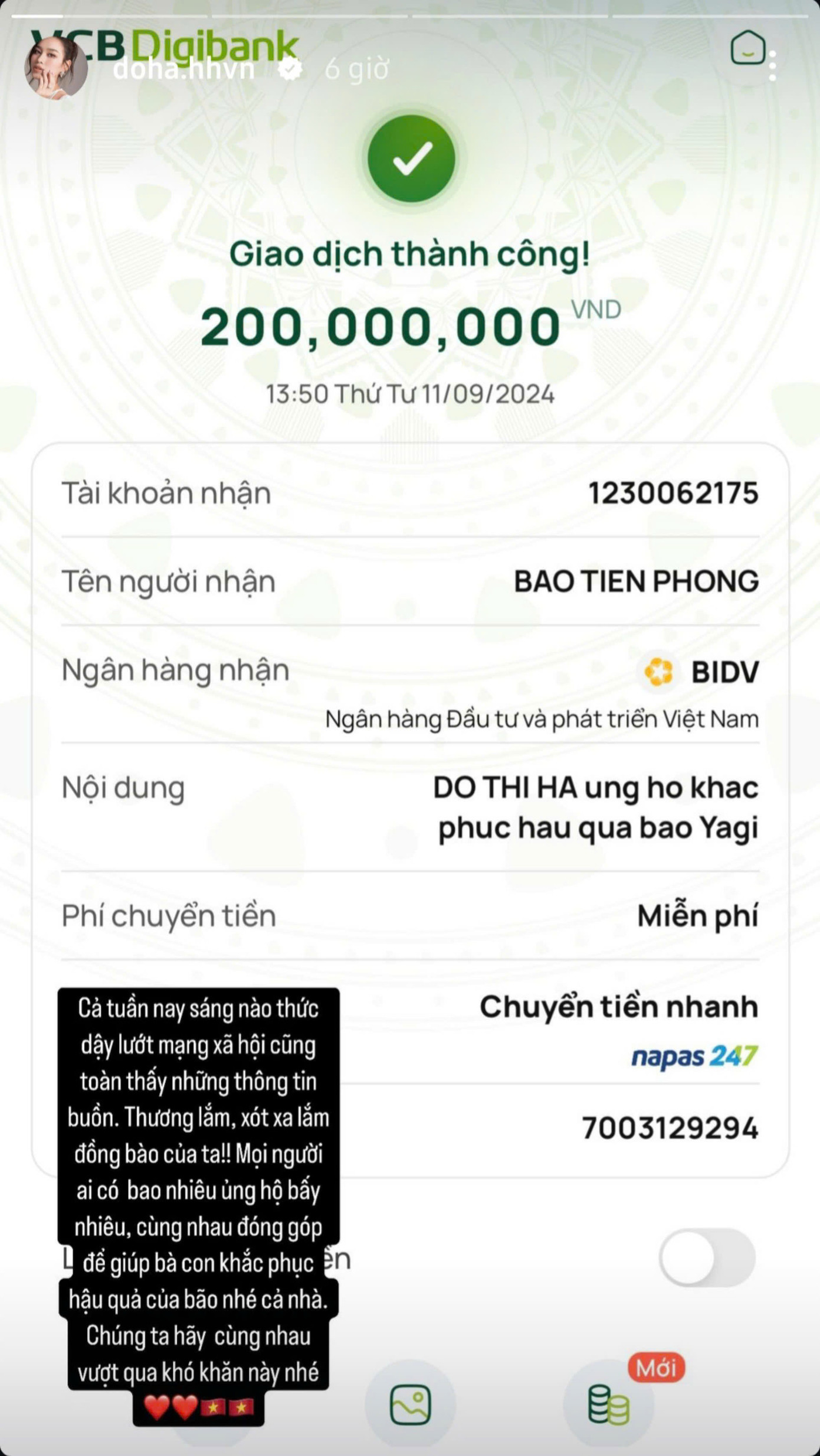 Hoa hậu Đỗ Thị Hà đồng hành cùng báo Tiền Phong, kêu gọi mạnh thường quân, nhà hảo tâm giúp đỡ đồng bào: &quot;Mọi người ai có bao nhiêu ủng hộ bấy nhiêu, cùng nhau đóng góp để giúp bà con khắc phục hậu quả của bão&quot;.