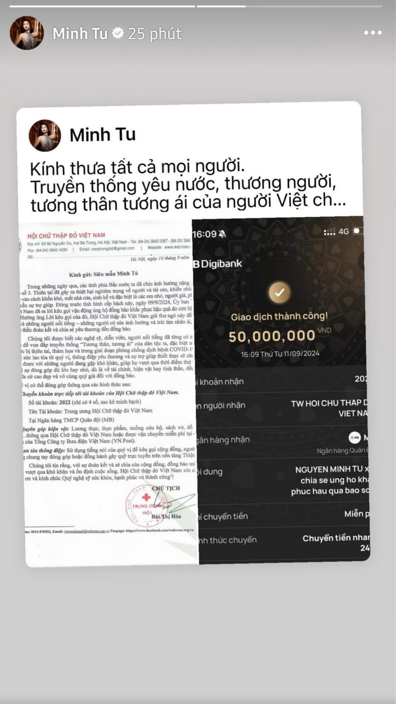 Siêu mẫu Minh Tú hưởng ứng lời kêu gọi hỗ trợ từ Hội Chữ thập đỏ Việt Nam.