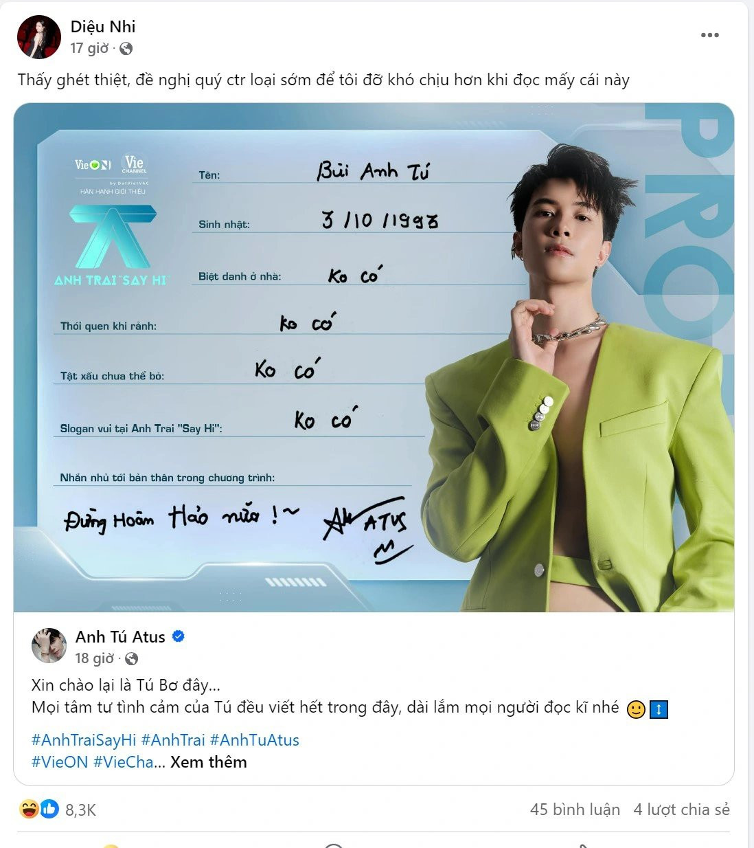 Từ khi Anh Tú xác nhận tham gia Anh Trai "Say Hi", Diệu Nhi rất chăm chỉ "kéo tương tác" cho chồng. Từ khi Anh Tú xác nhận tham gia Anh Trai "Say Hi", Diệu Nhi rất chăm chỉ "kéo tương tác" cho chồng.