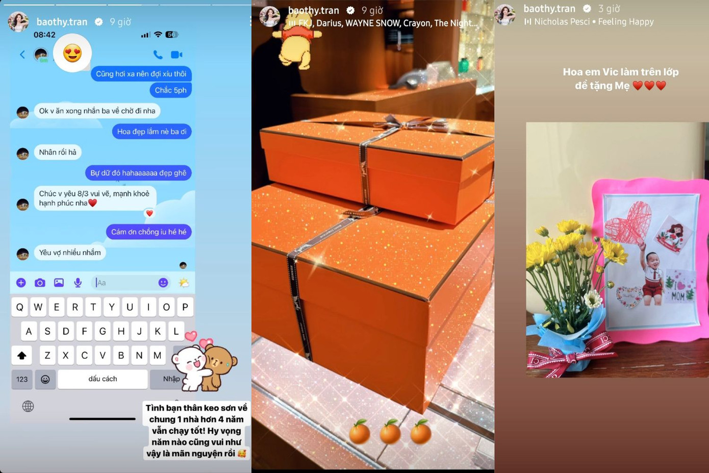 Bảo Thy hạnh phúc khoe quà được chồng và con trai tặng nhân ngày 8/3. Bảo Thy hạnh phúc khoe quà được chồng và con trai tặng nhân ngày 8/3.