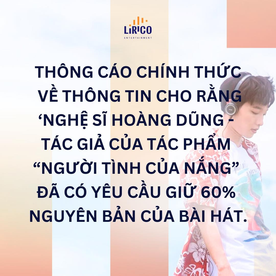 Đại diện ca sĩ Hoàng Dũng thông tin về vấn đề đang gây tranh cãi, phủ nhận Hoàng Dũng việc "yêu cầu giữ 60% nguyên bản bài hát Người Tình Của Nắng". Đại diện ca sĩ Hoàng Dũng thông tin về vấn đề đang gây tranh cãi, phủ nhận Hoàng Dũng việc "yêu cầu giữ 60% nguyên bản bài hát Người Tình Của Nắng".