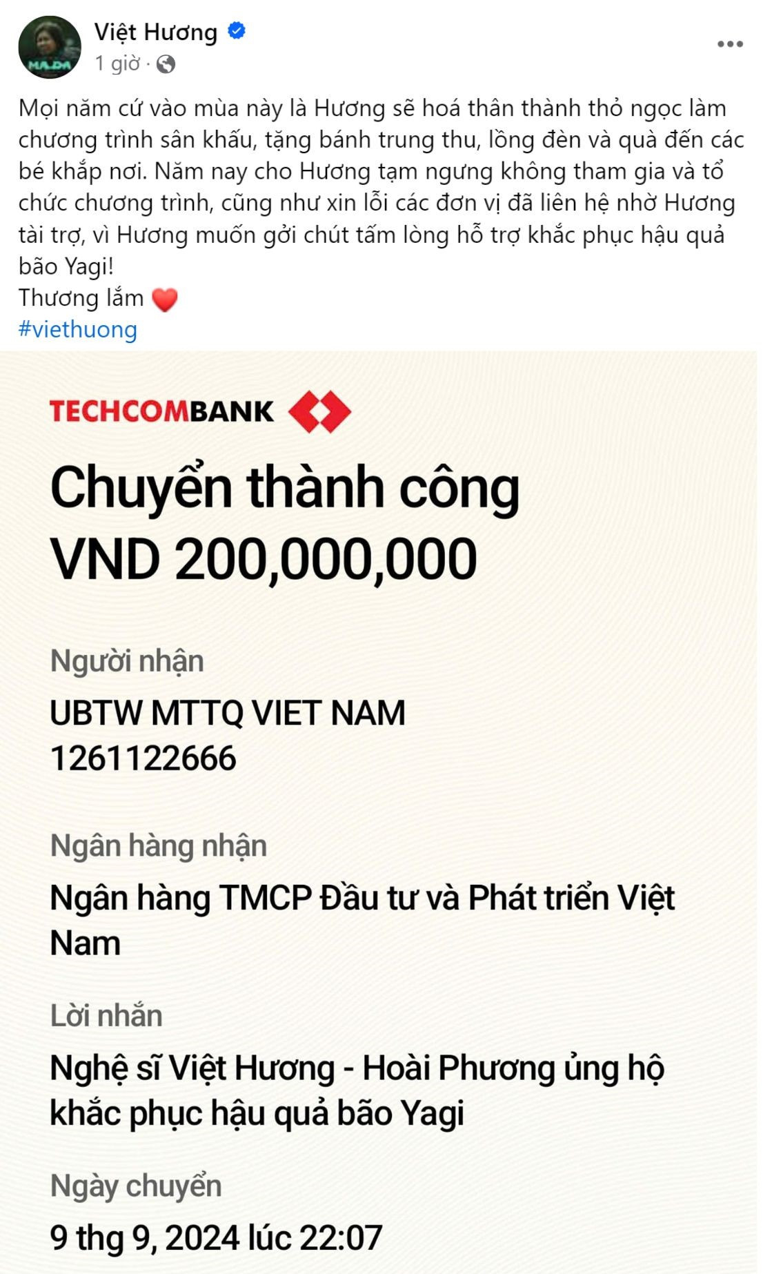 Nghệ sĩ Việt Hương thông báo tạm ngưng hoạt động vui chơi Trung Thu, hướng về bà con miền Bắc. Nghệ sĩ Việt Hương thông báo tạm ngưng hoạt động vui chơi Trung Thu, hướng về bà con miền Bắc.