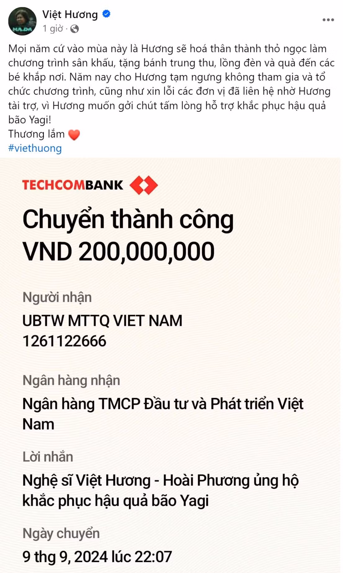 Nghệ sĩ Việt Hương thông báo tạm ngưng hoạt động vui chơi Trung Thu, hướng về bà con miền Bắc.