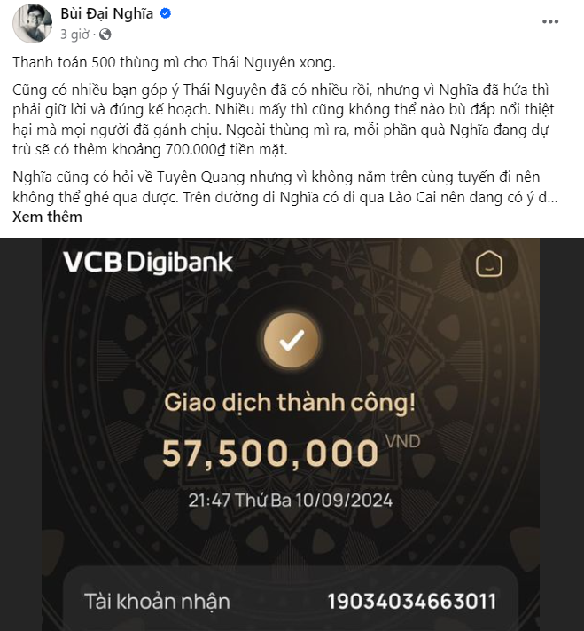 Nam MC cho biết: "Ngày 16-17-18/9 Nghĩa sẽ bay ra Hà Nội rồi đi thẳng lên Thái Nguyên, hôm sau sẽ ở Yên Bái". Ngoài ra, 1000 áo phao đã được gửi đến Thái Nguyên vào ngày 10/9. Nam MC cho biết: "Ngày 16-17-18/9 Nghĩa sẽ bay ra Hà Nội rồi đi thẳng lên Thái Nguyên, hôm sau sẽ ở Yên Bái". Ngoài ra, 1000 áo phao đã được gửi đến Thái Nguyên vào ngày 10/9.