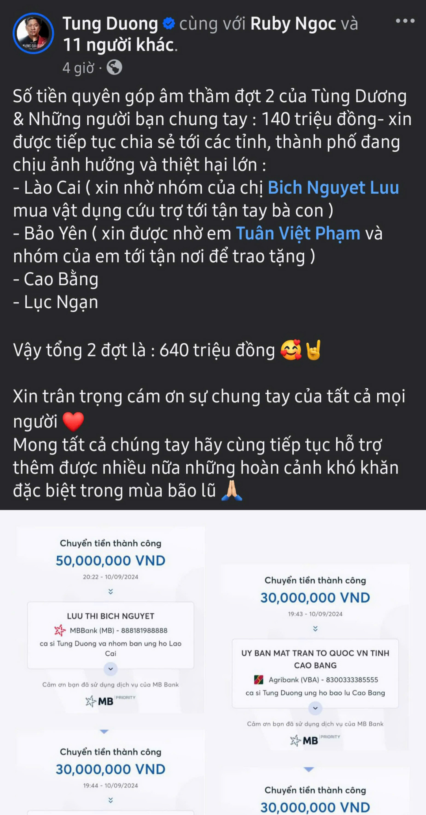 Ca sĩ Tùng Dương kêu gọi quyên góp đợt 2, san sẻ nỗi mất mát cùng các tỉnh Cao Bằng, Lào Cai, Bắc Giang.