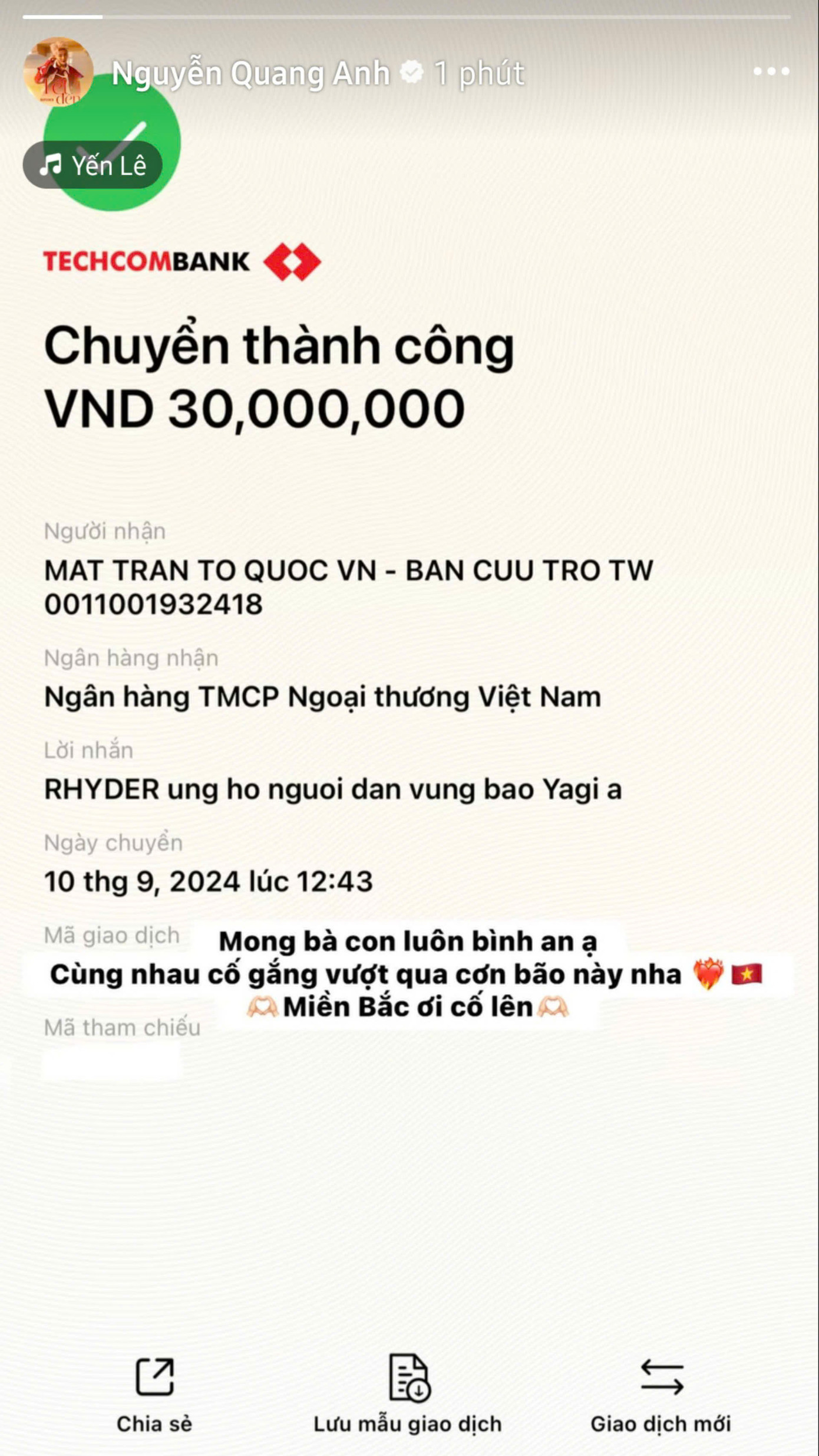 Quang Anh Rhyder ủng hộ người dân vùng bão.