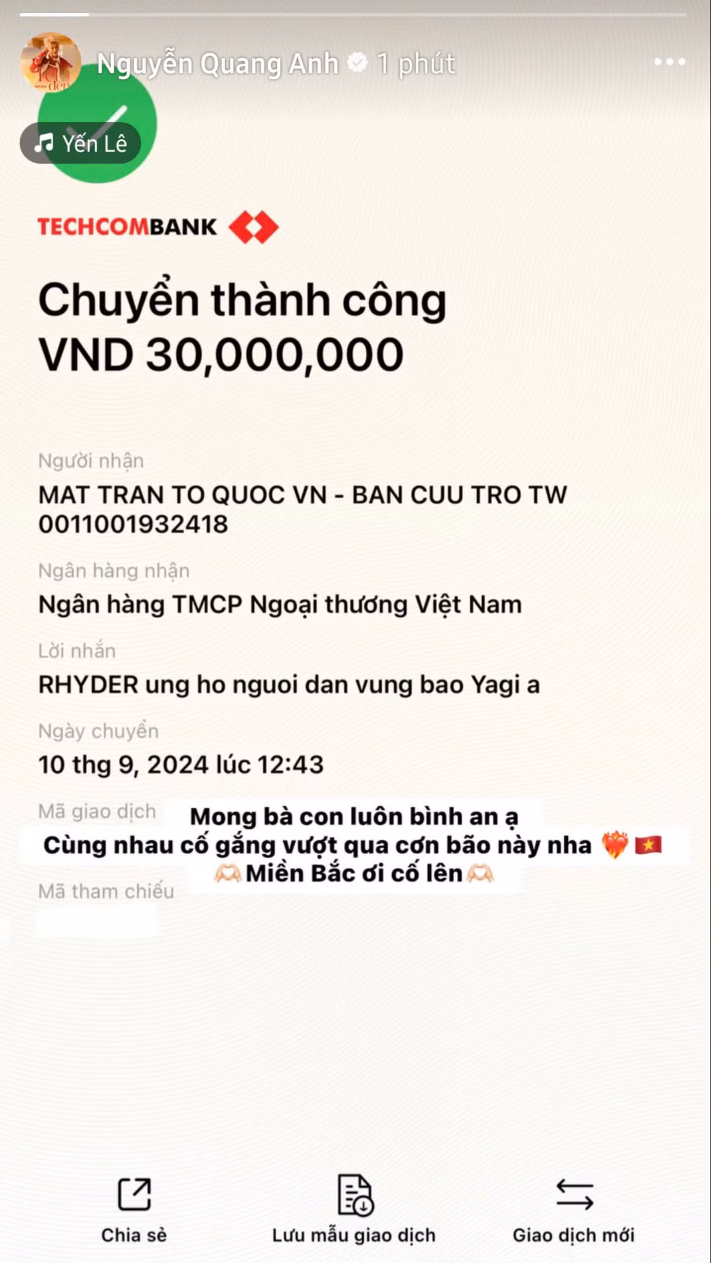 Quang Anh Rhyder ủng hộ người dân vùng bão.