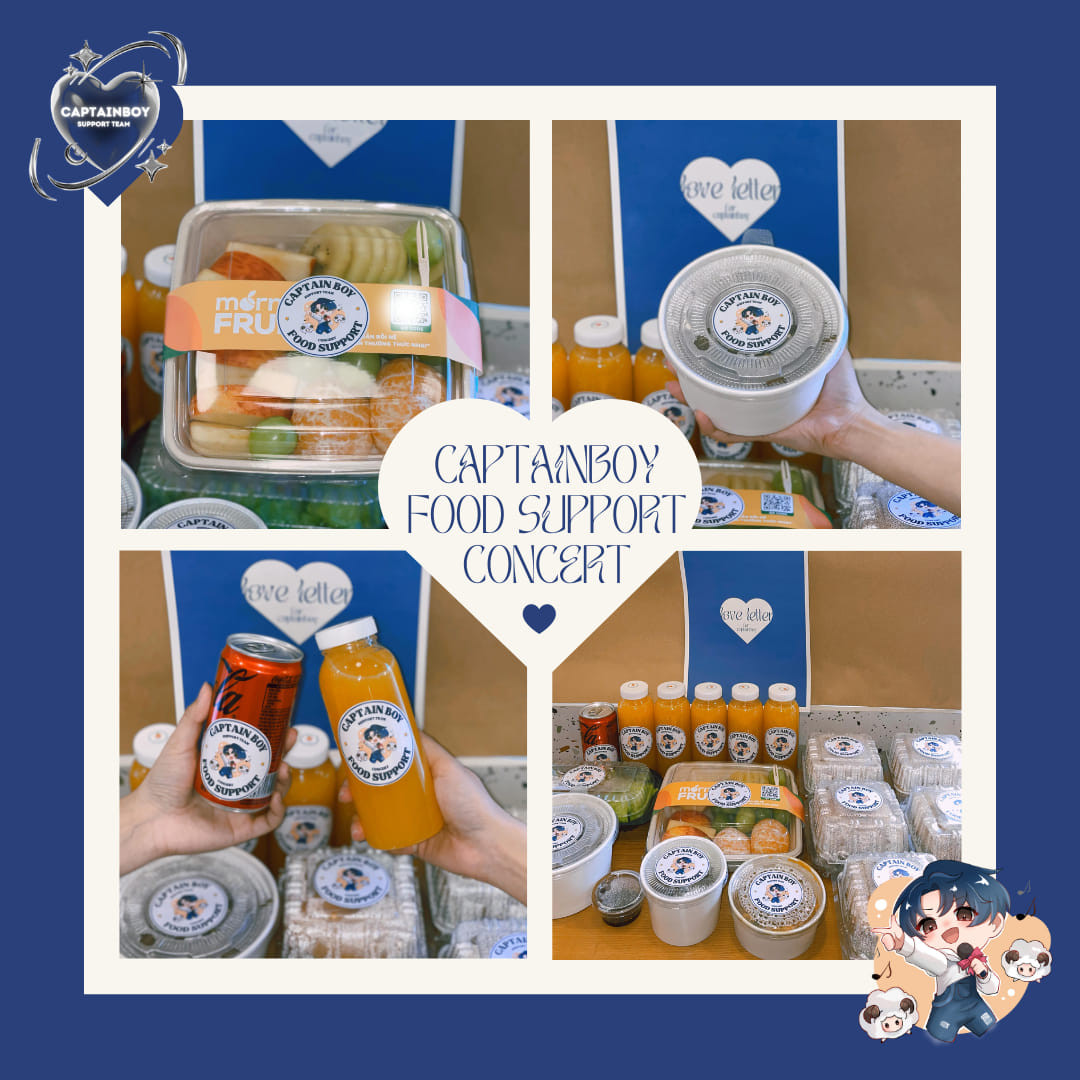 Trước ngày diễn, FC còn chuẩn bị đồ ăn gửi đến ê-kíp của Captain Boy: "Để tiếp nối dự án support concert Anh Trai "Say Hi" cho Captain, chúng mình đã chuẩn bị đồ ăn bao gồm món mặn, trái cây và nước ép dành riêng cho em cùng các anh chị ê-kíp". Ảnh: Captain Boy Support Team Trước ngày diễn, FC còn chuẩn bị đồ ăn gửi đến ê-kíp của Captain Boy: "Để tiếp nối dự án support concert Anh Trai "Say Hi" cho Captain, chúng mình đã chuẩn bị đồ ăn bao gồm món mặn, trái cây và nước ép dành riêng cho em cùng các anh chị ê-kíp". Ảnh: Captain Boy Support Team