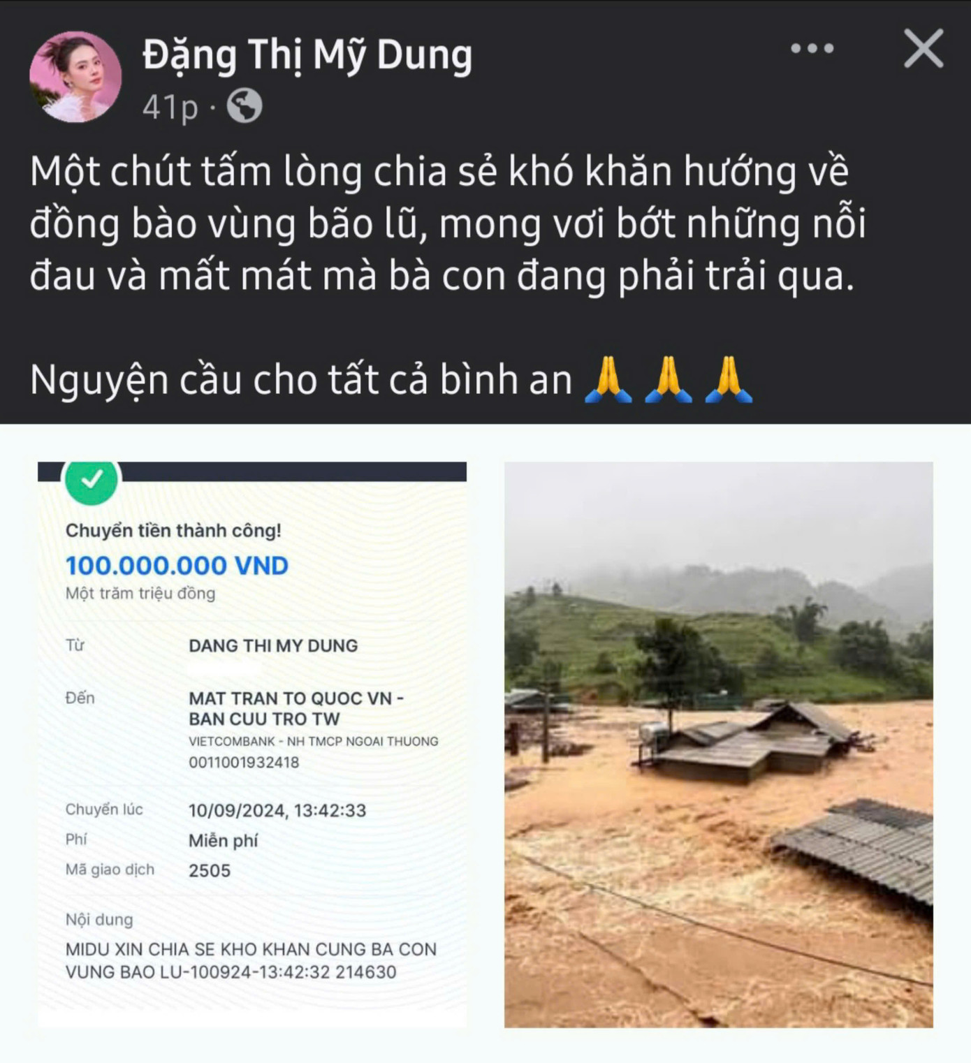 Midu ủng hộ bà con vùng bão lũ 100 triệu đồng.