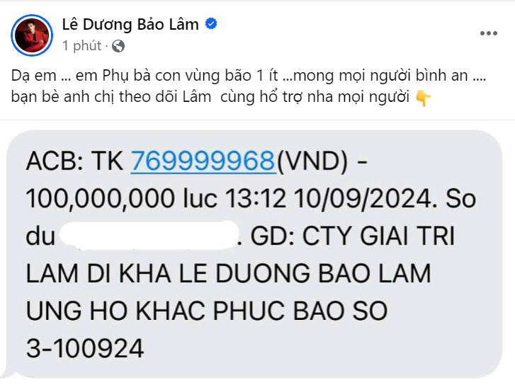 Lê Dương Bảo Lâm ủng hộ 100 triệu đồng cùng người dân vượt qua mùa bão lũ.