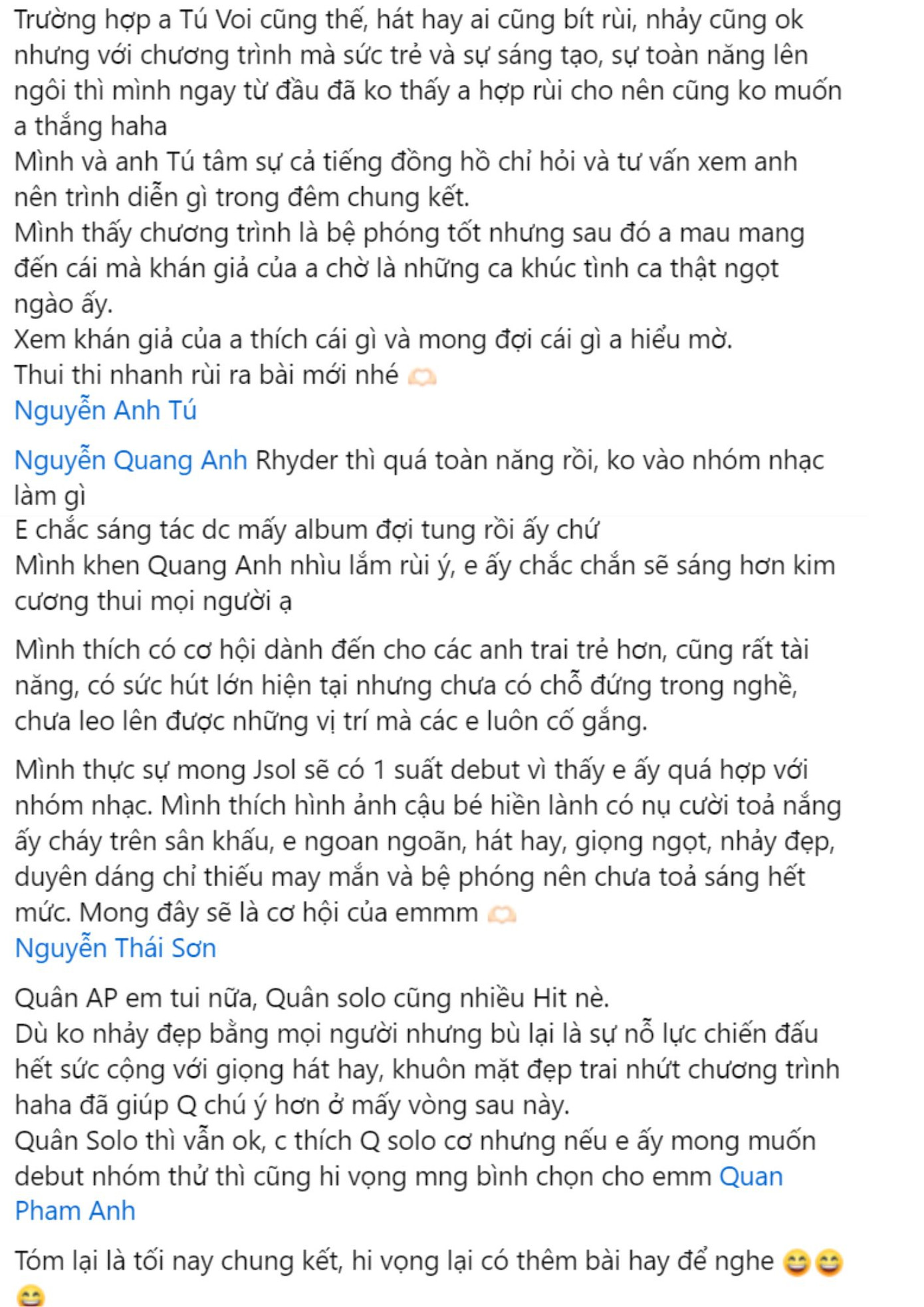 Hòa Minzy bị phản ứng khi cho rằng Rhyder nên nhường cơ hội cho những anh trai trẻ hơn. Hòa Minzy bị phản ứng khi cho rằng Rhyder nên nhường cơ hội cho những anh trai trẻ hơn.