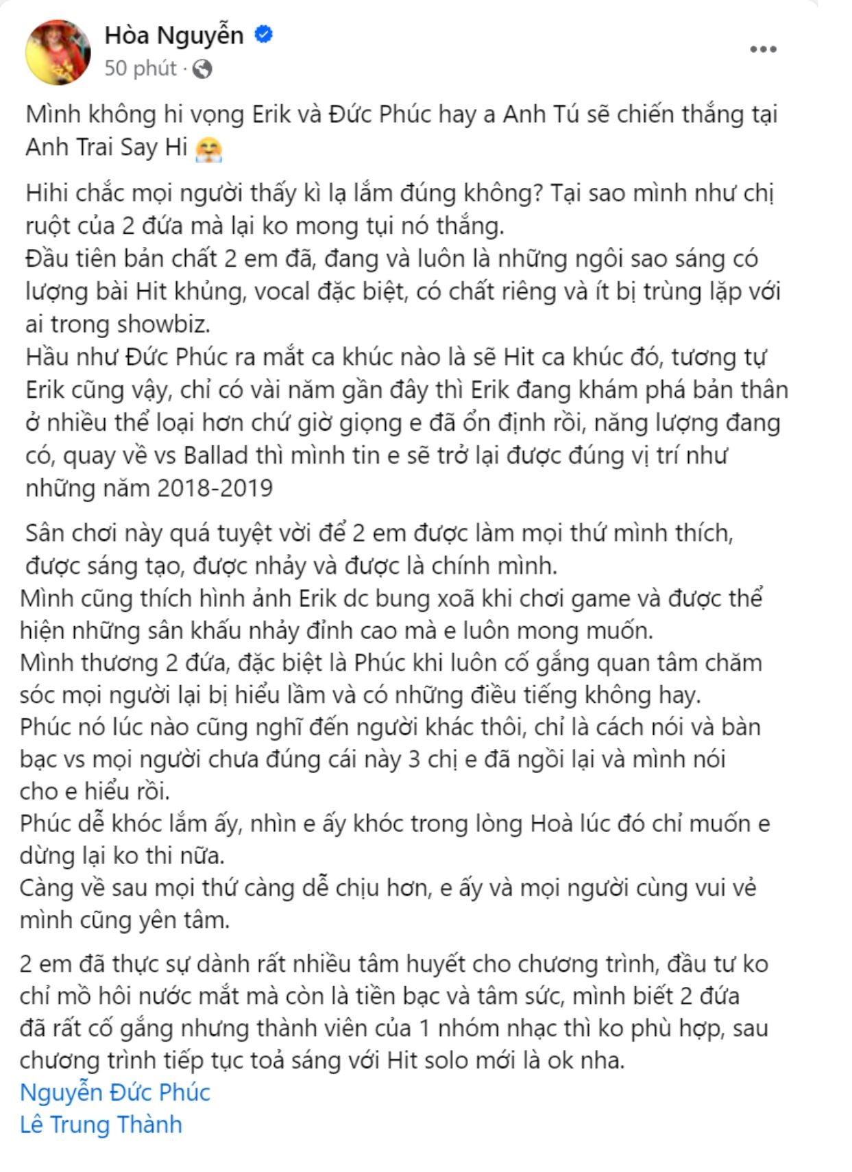 Hòa Minzy nhận xét về hành trình của Đức Phúc và Erik. Hòa Minzy nhận xét về hành trình của Đức Phúc và Erik.