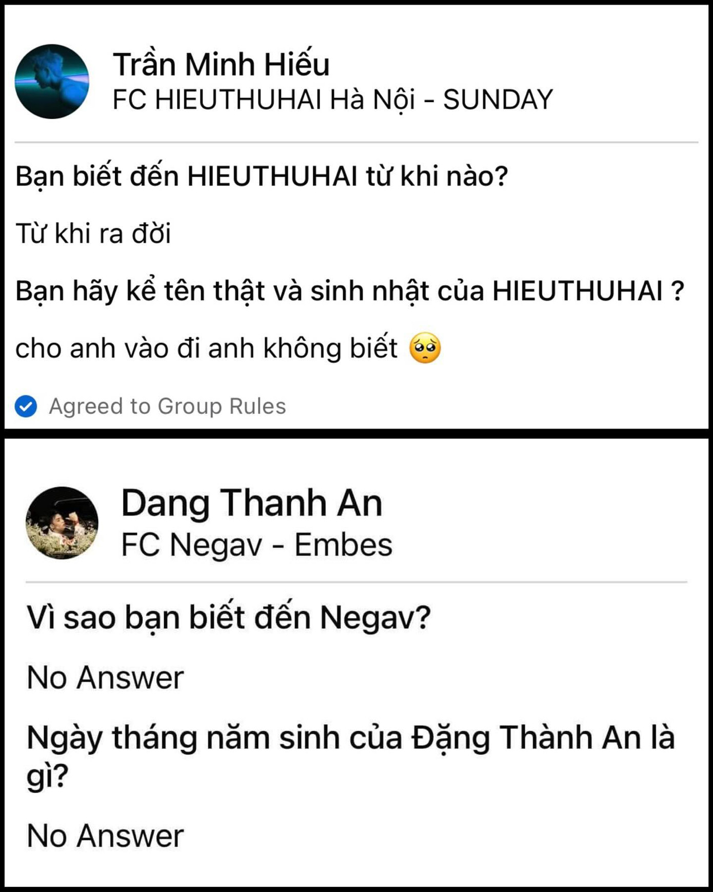 Negav "No Answer" vì lúc xin vào FC chưa kịp chuẩn bị câu hỏi. Ảnh: @phuongyeuoi218 Negav "No Answer" vì lúc xin vào FC chưa kịp chuẩn bị câu hỏi. Ảnh: @phuongyeuoi218
