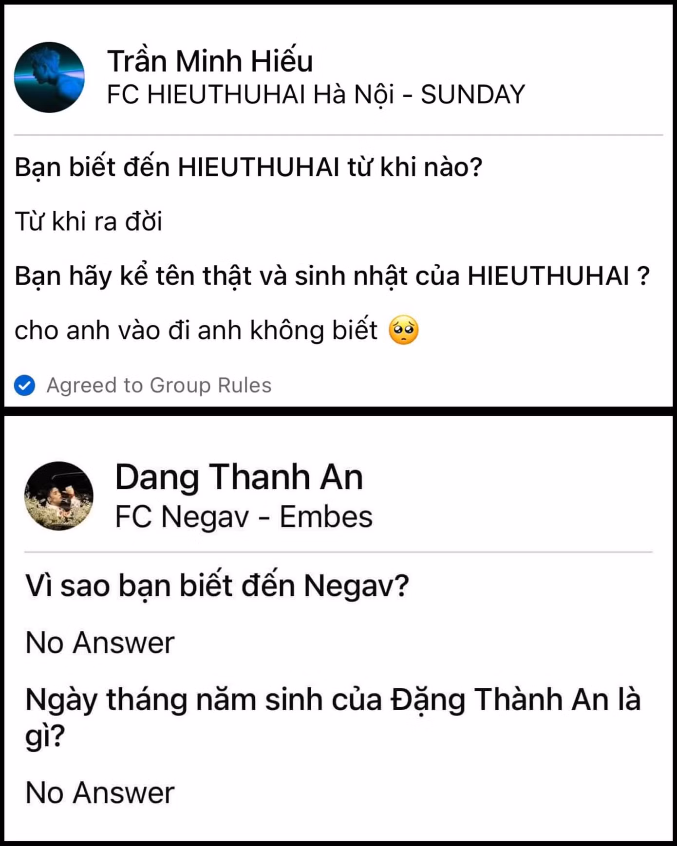 Negav "No Answer" vì lúc xin vào FC chưa kịp chuẩn bị câu hỏi. Ảnh: @phuongyeuoi218