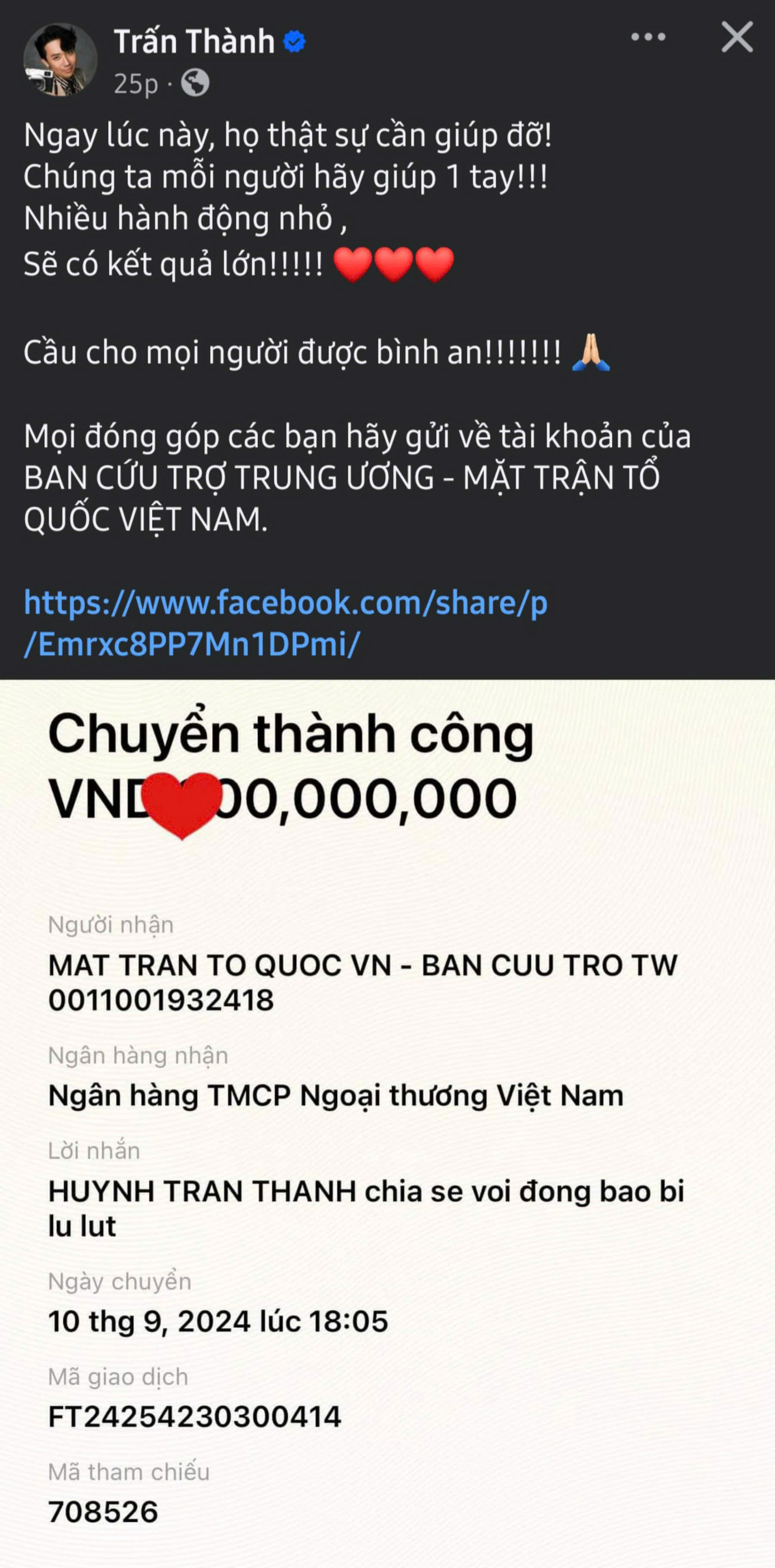 MC Trấn Thành kêu gọi mọi người cùng chung tay hỗ trợ cho miền Bắc. MC Trấn Thành kêu gọi mọi người cùng chung tay hỗ trợ cho miền Bắc.
