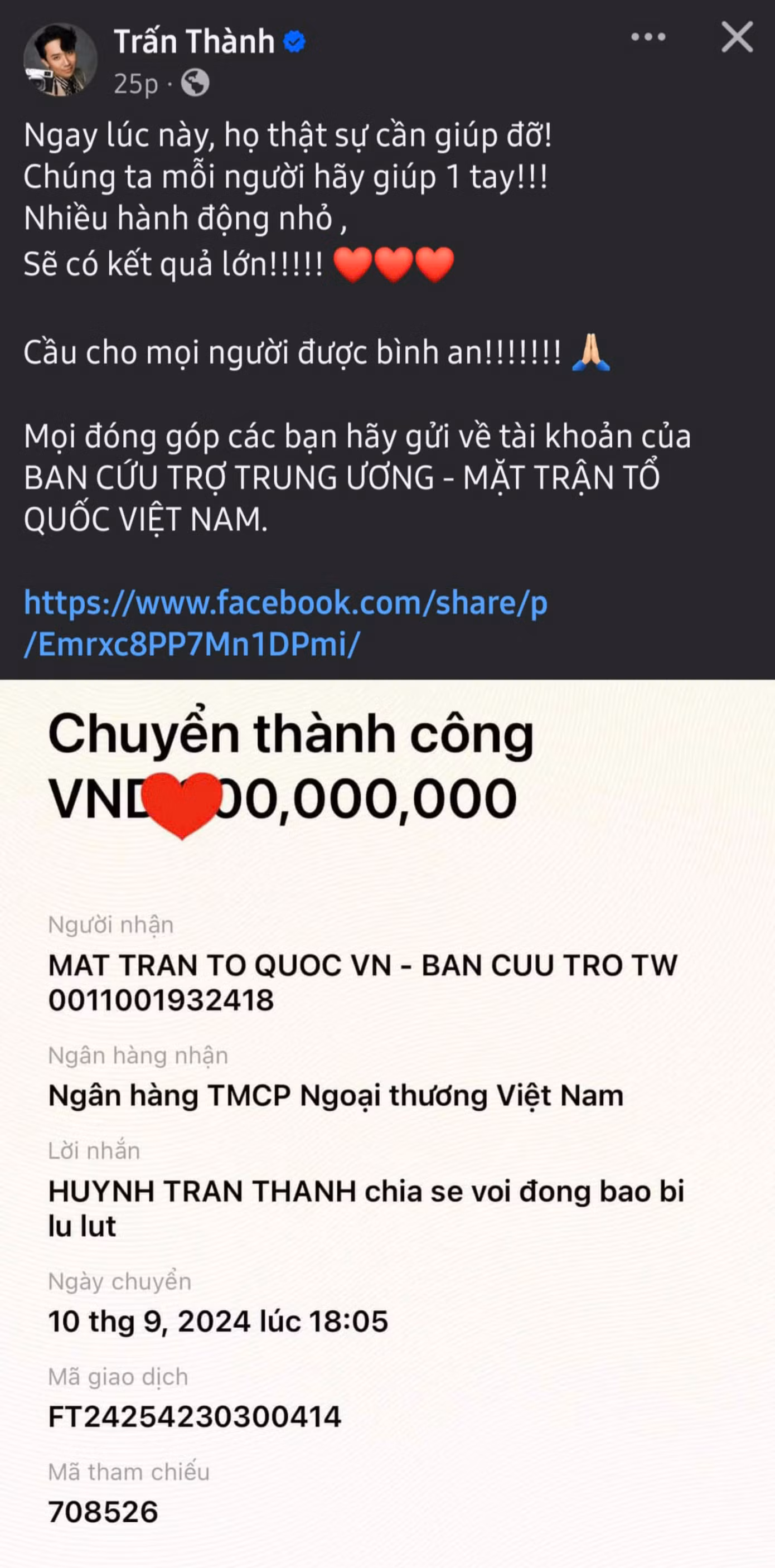 MC Trấn Thành kêu gọi mọi người cùng chung tay hỗ trợ cho miền Bắc.